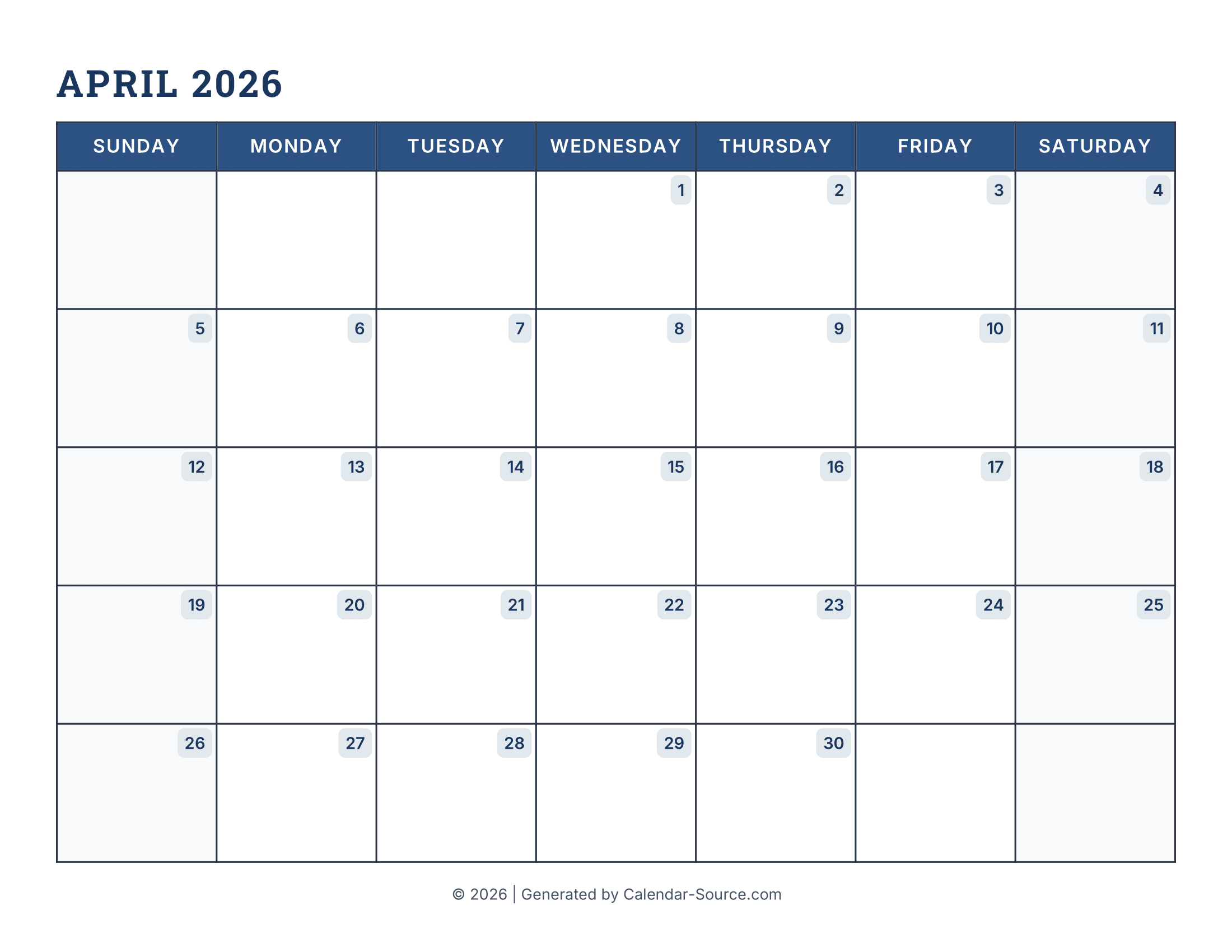 April 2026 Calendar Template 16