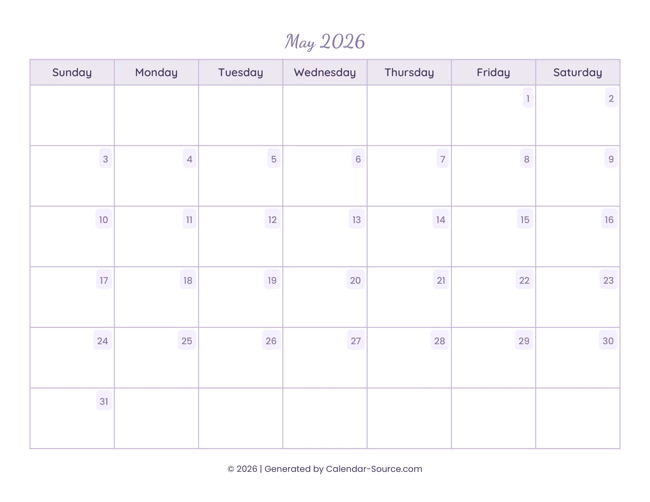 May 2026 Calendar Template 13