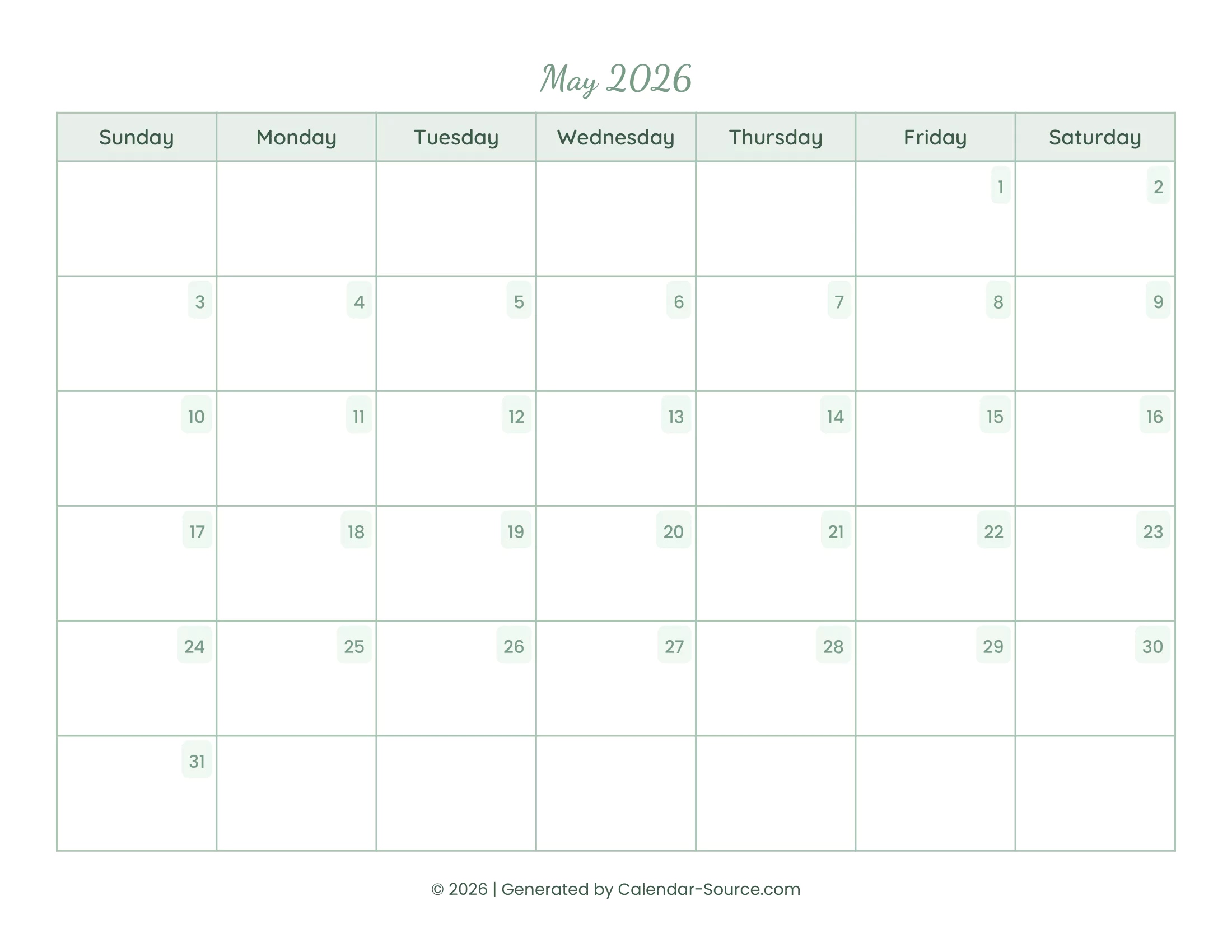 May 2026 Calendar Template 14