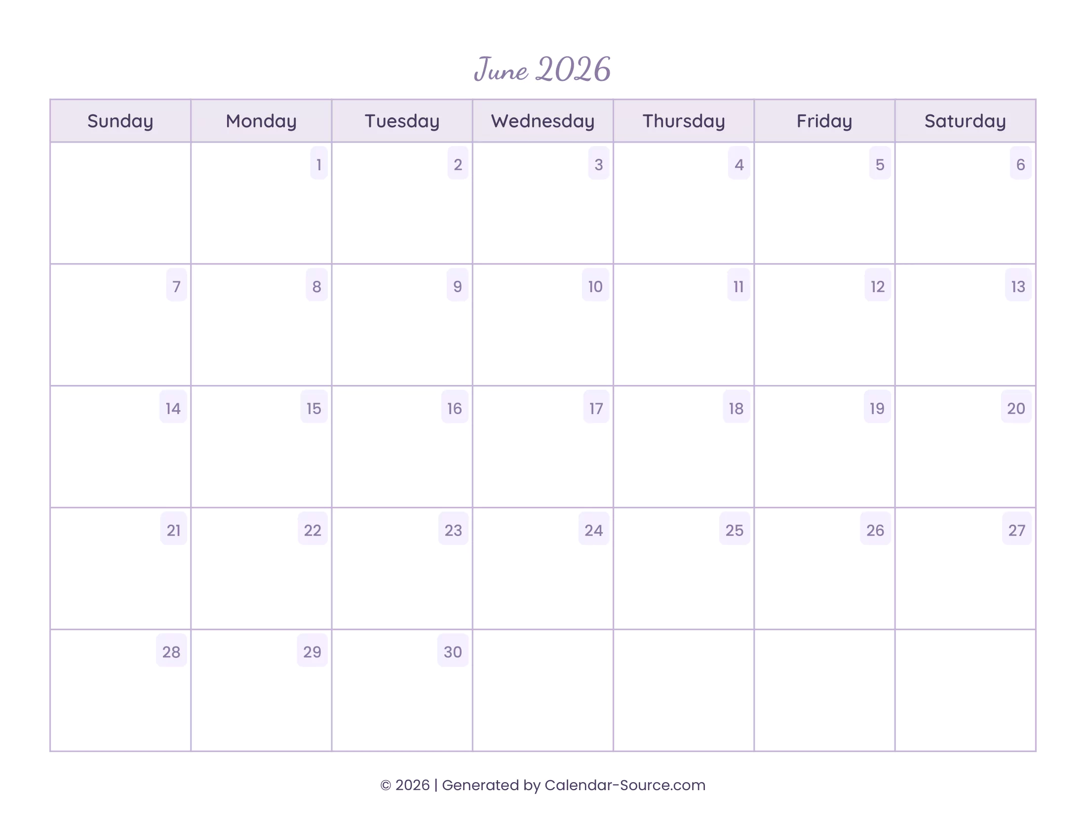 June 2026 Calendar Template 13