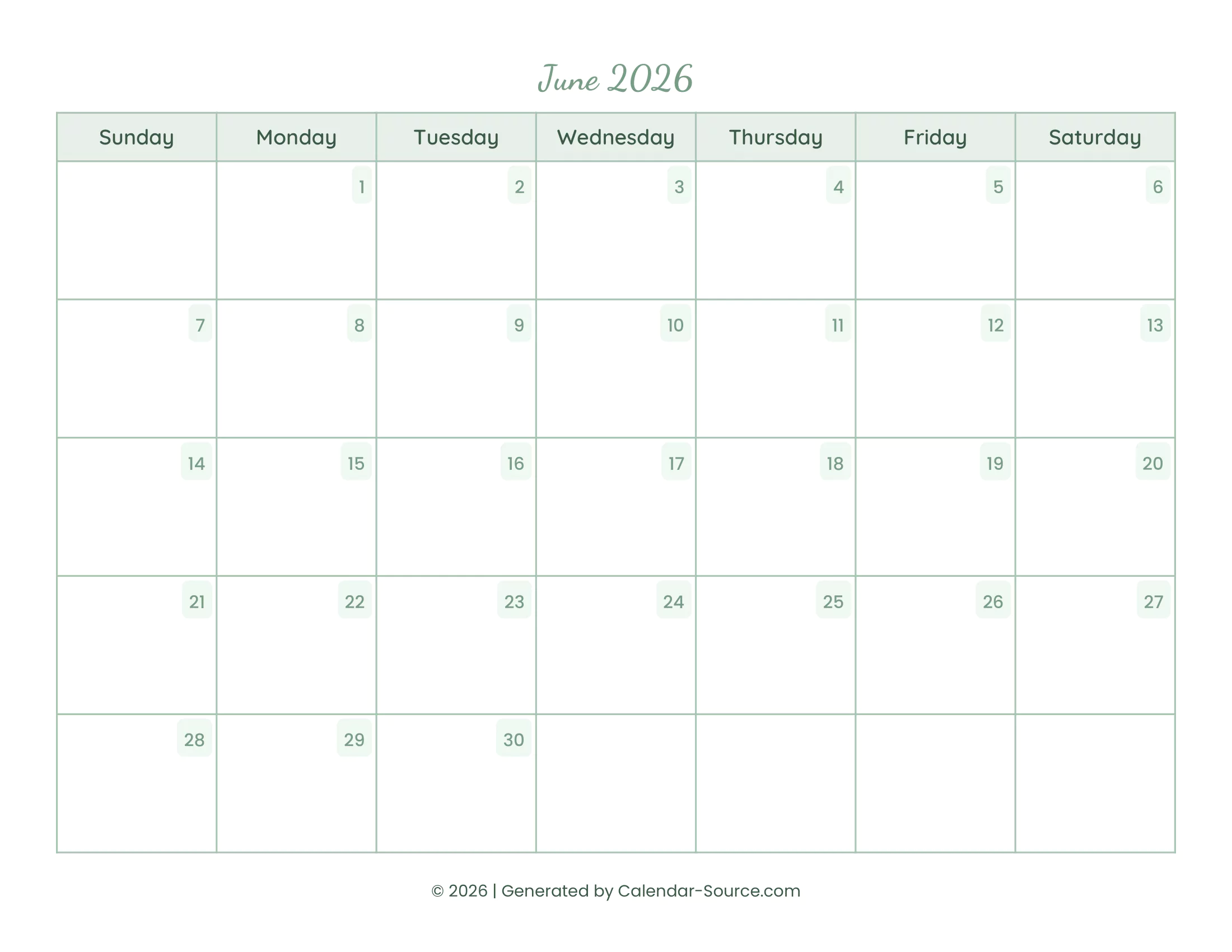 June 2026 Calendar Template 14