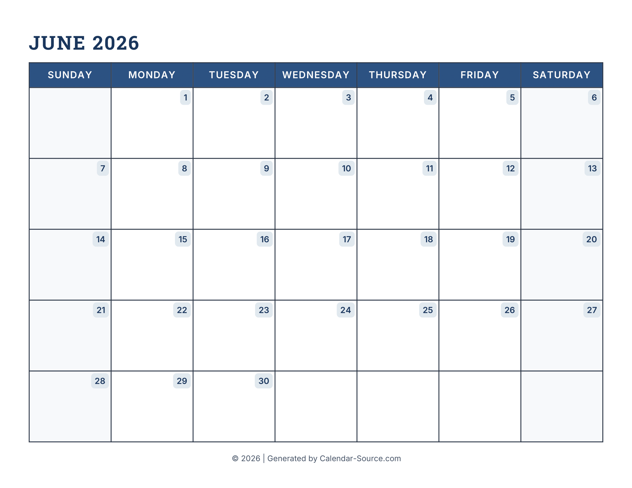 June 2026 Calendar Printable June 2026 Calendar Printable