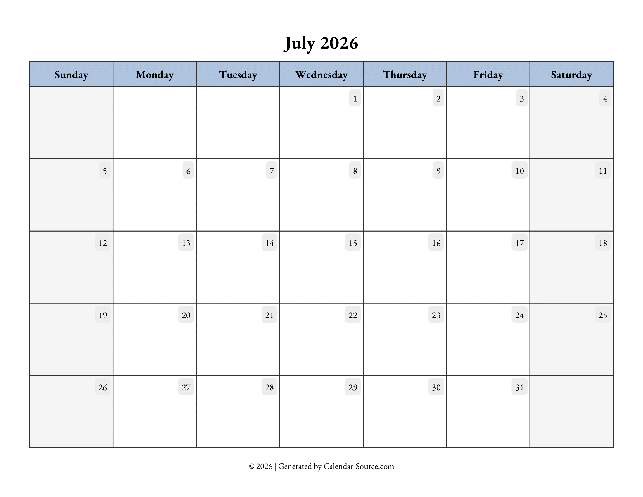 July 2026 Calendar Template 07