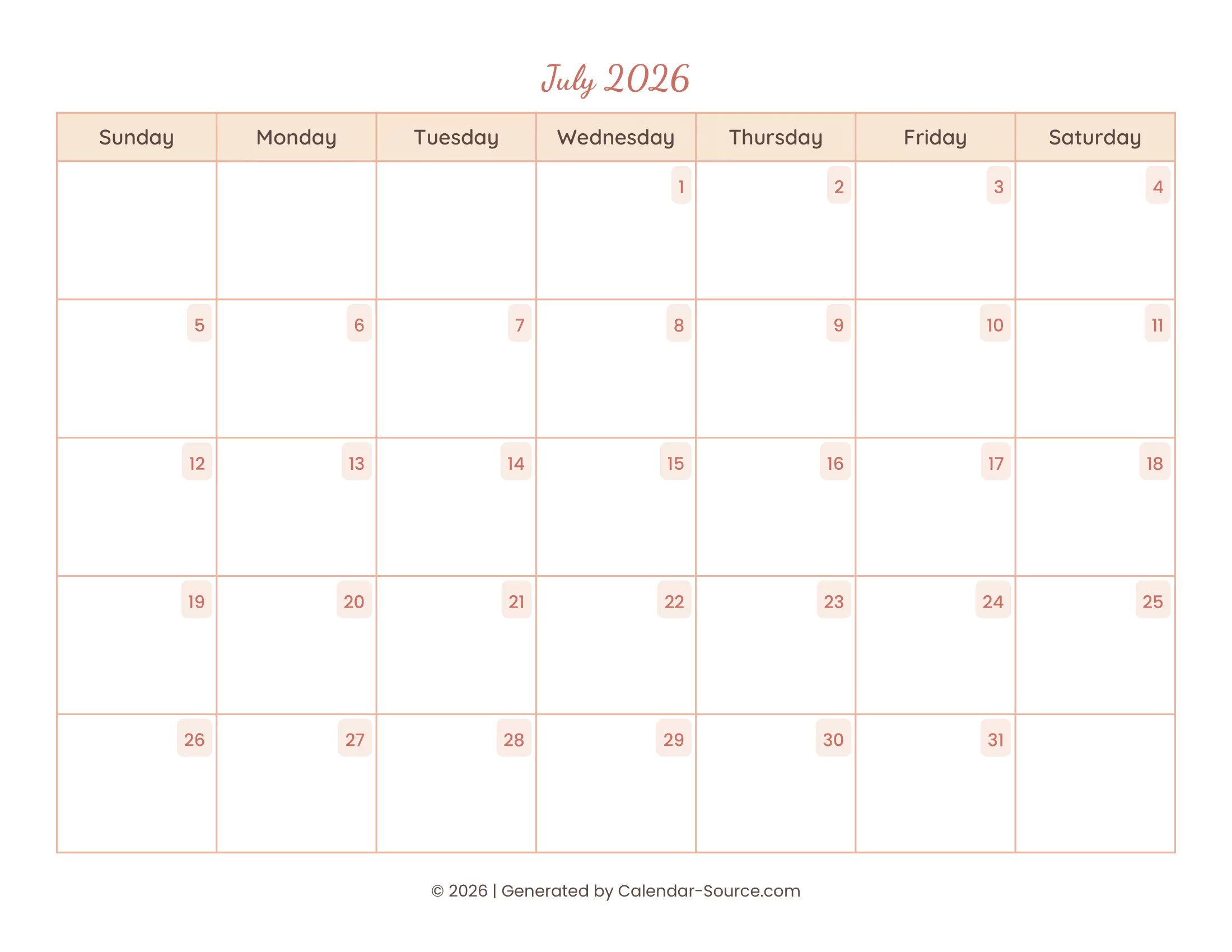 Calendario De Julio De 2026 imprimible 