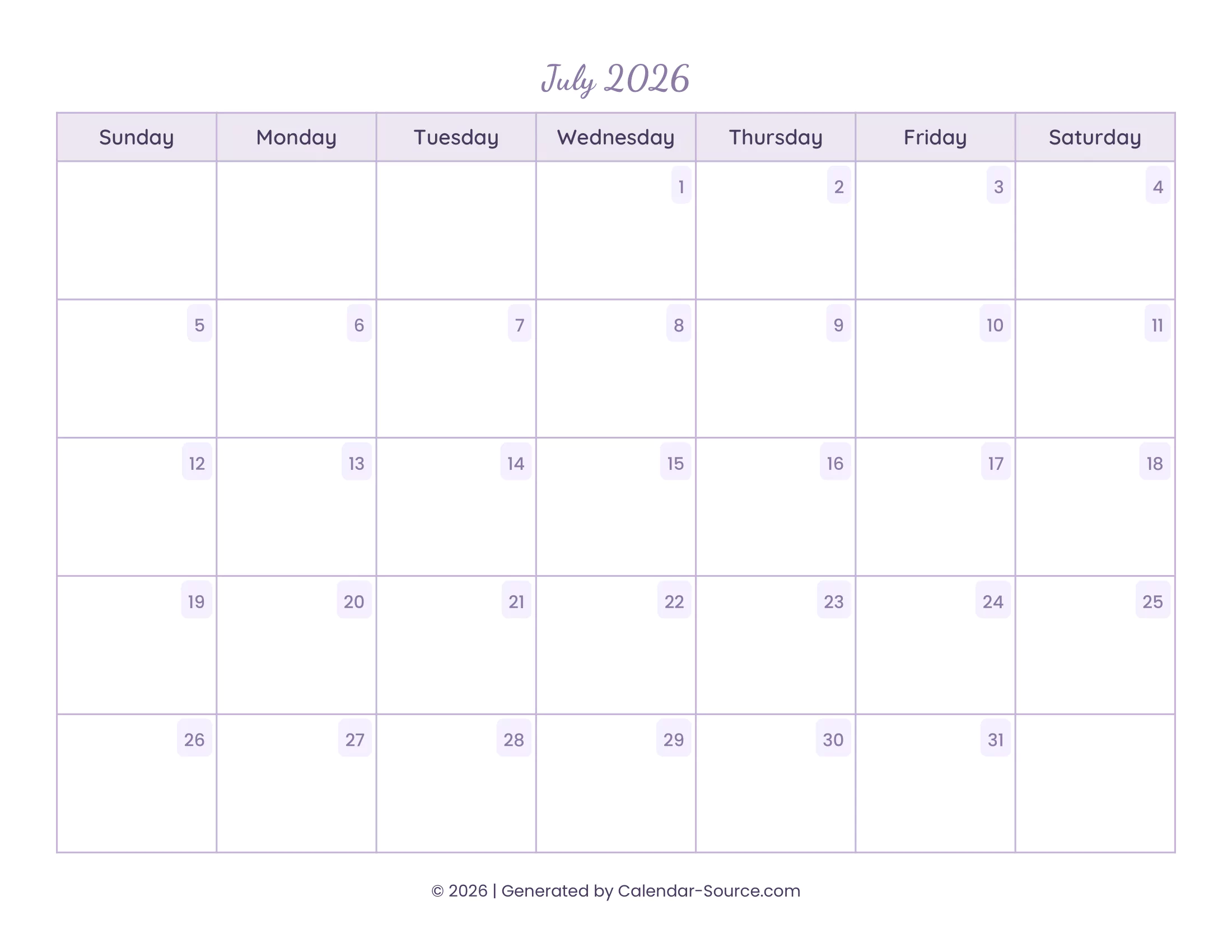 July 2026 Calendar Template 13