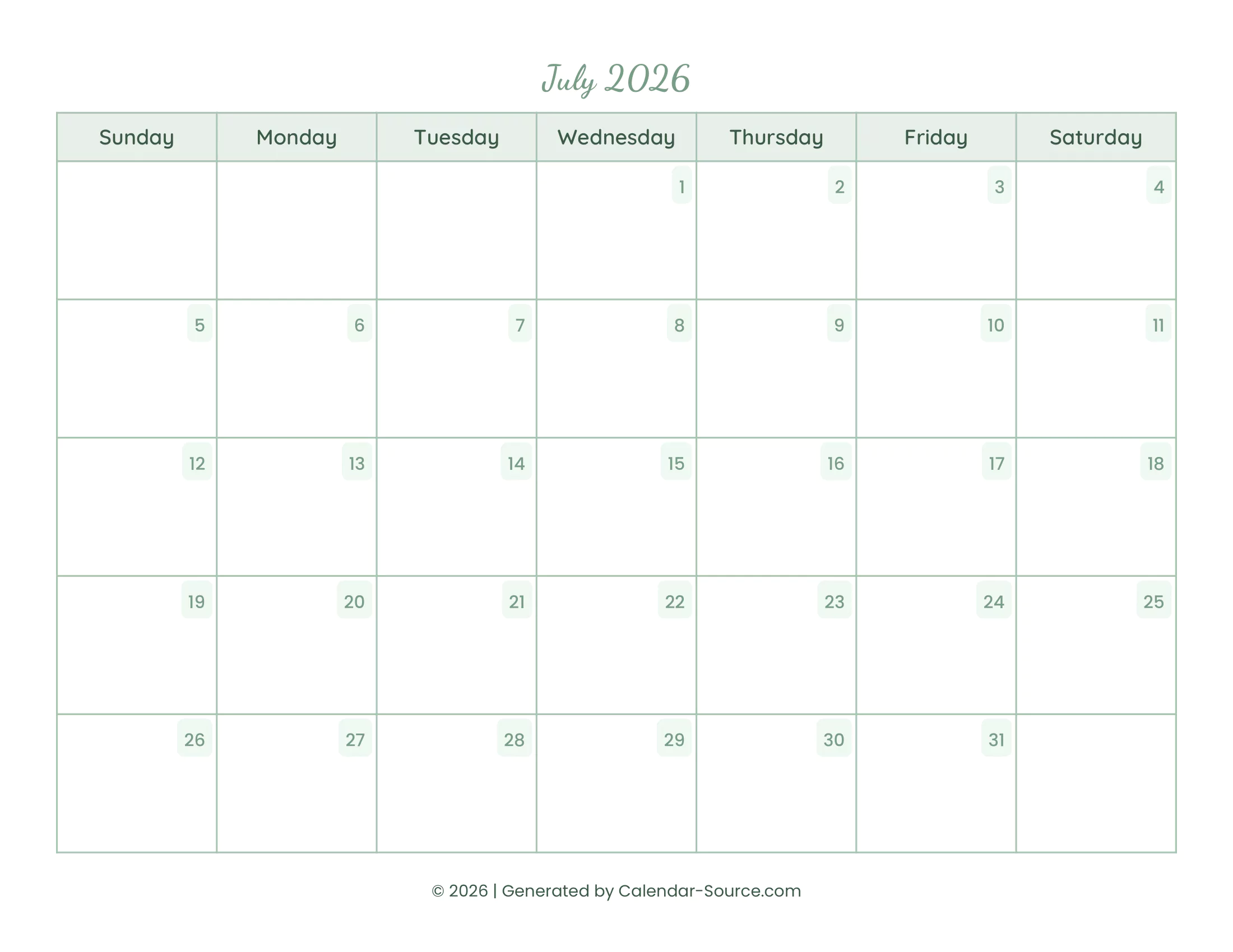 July 2026 Calendar Template 14