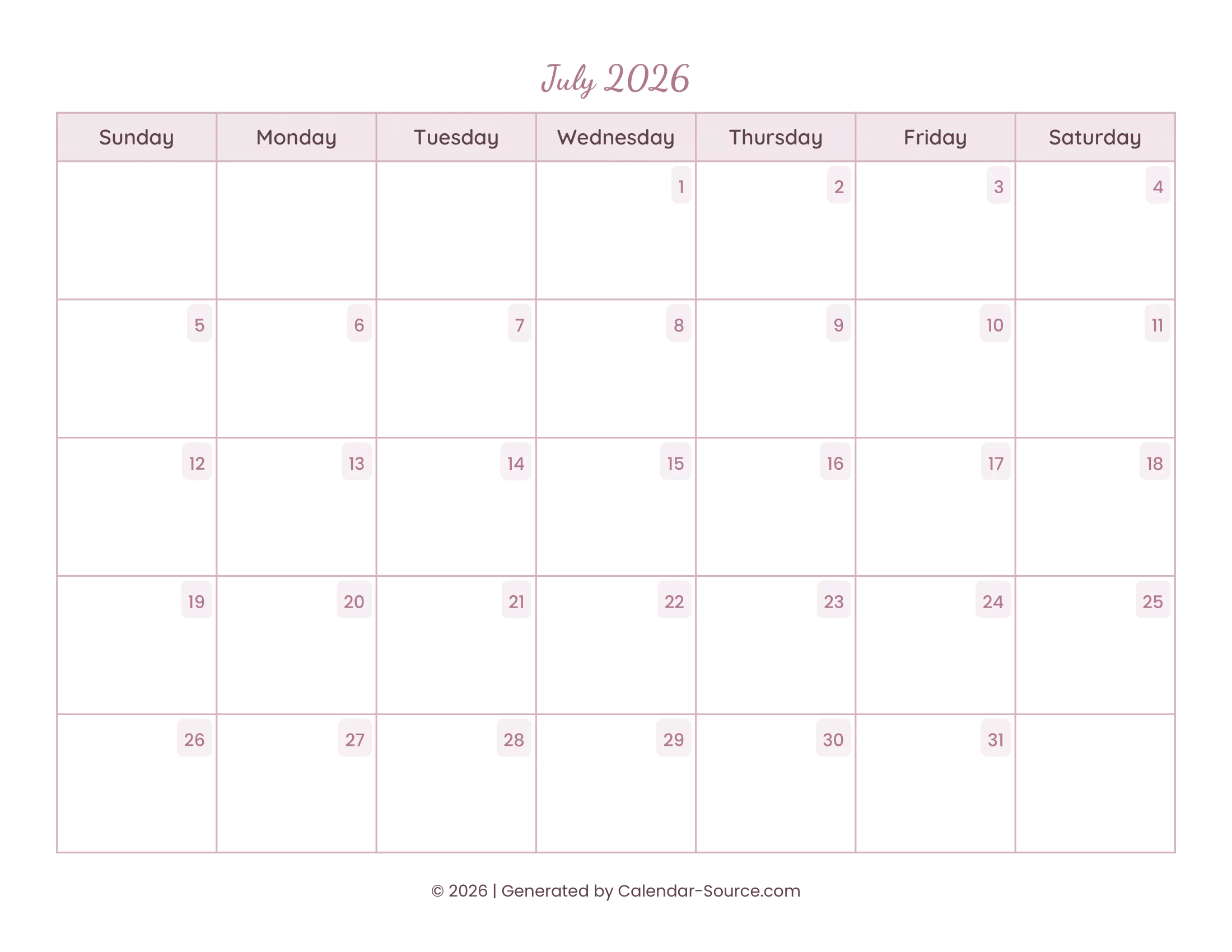 July 2026 Calendar Template 15