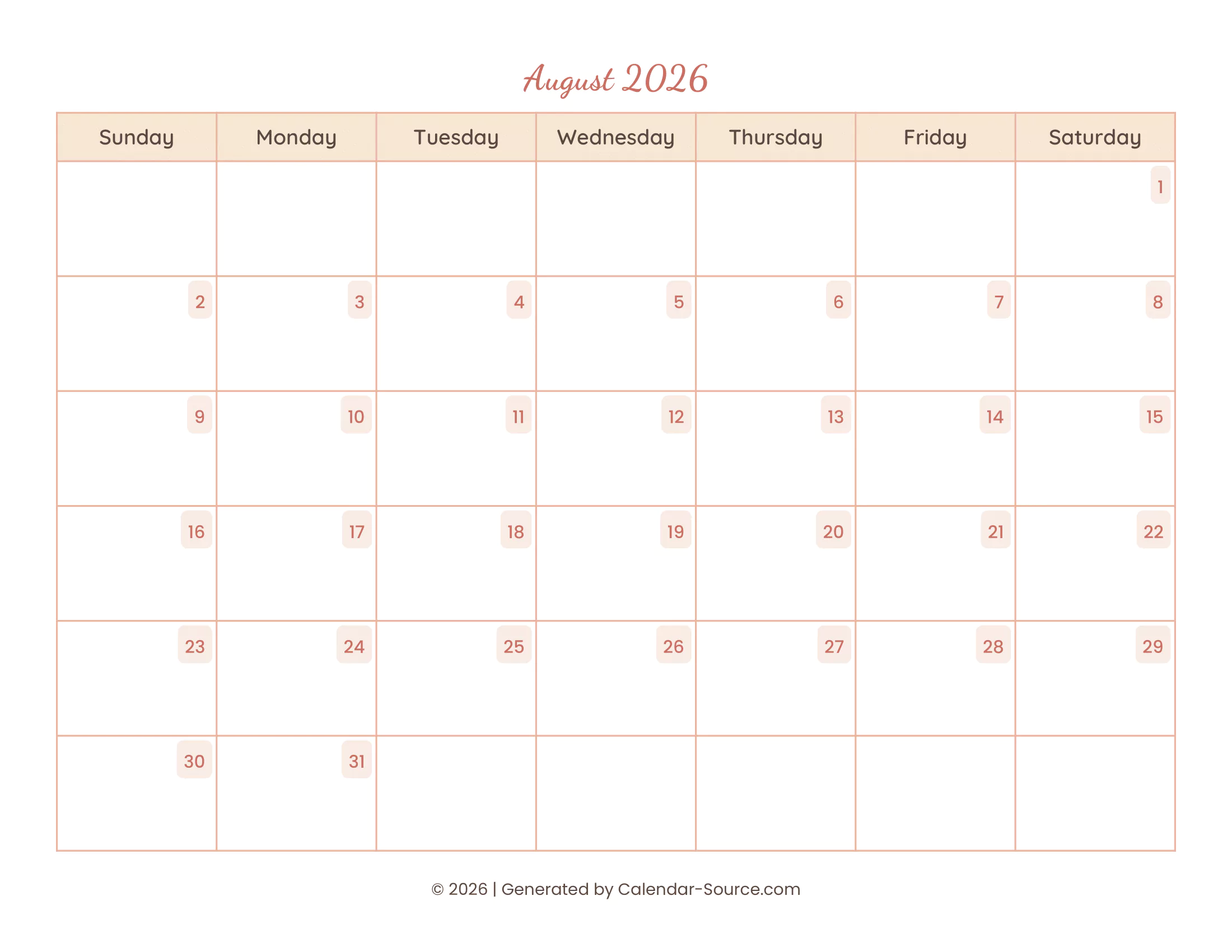 August 2026 Calendar 12