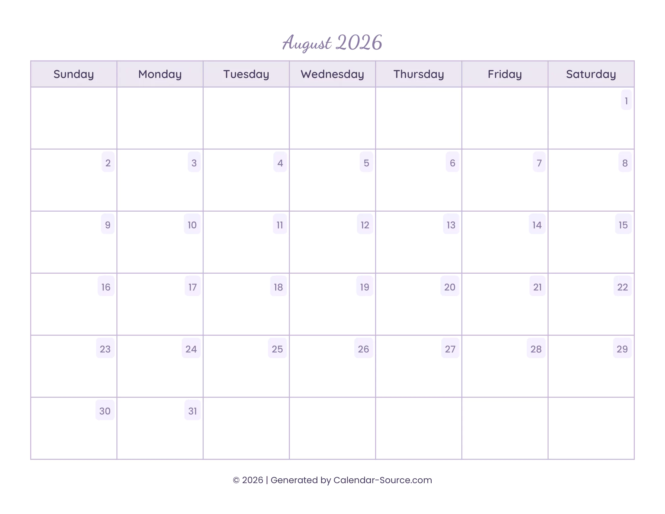 August 2026 Calendar 13
