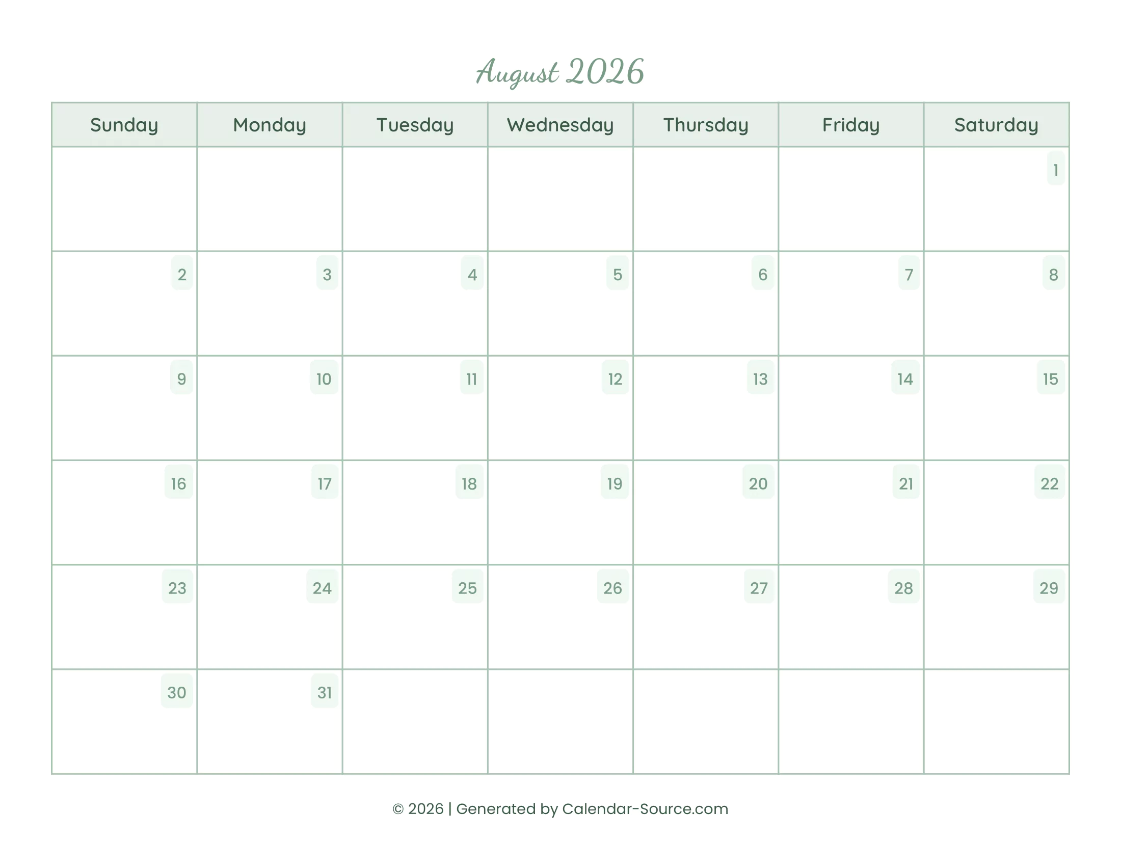 August 2026 Calendar 14