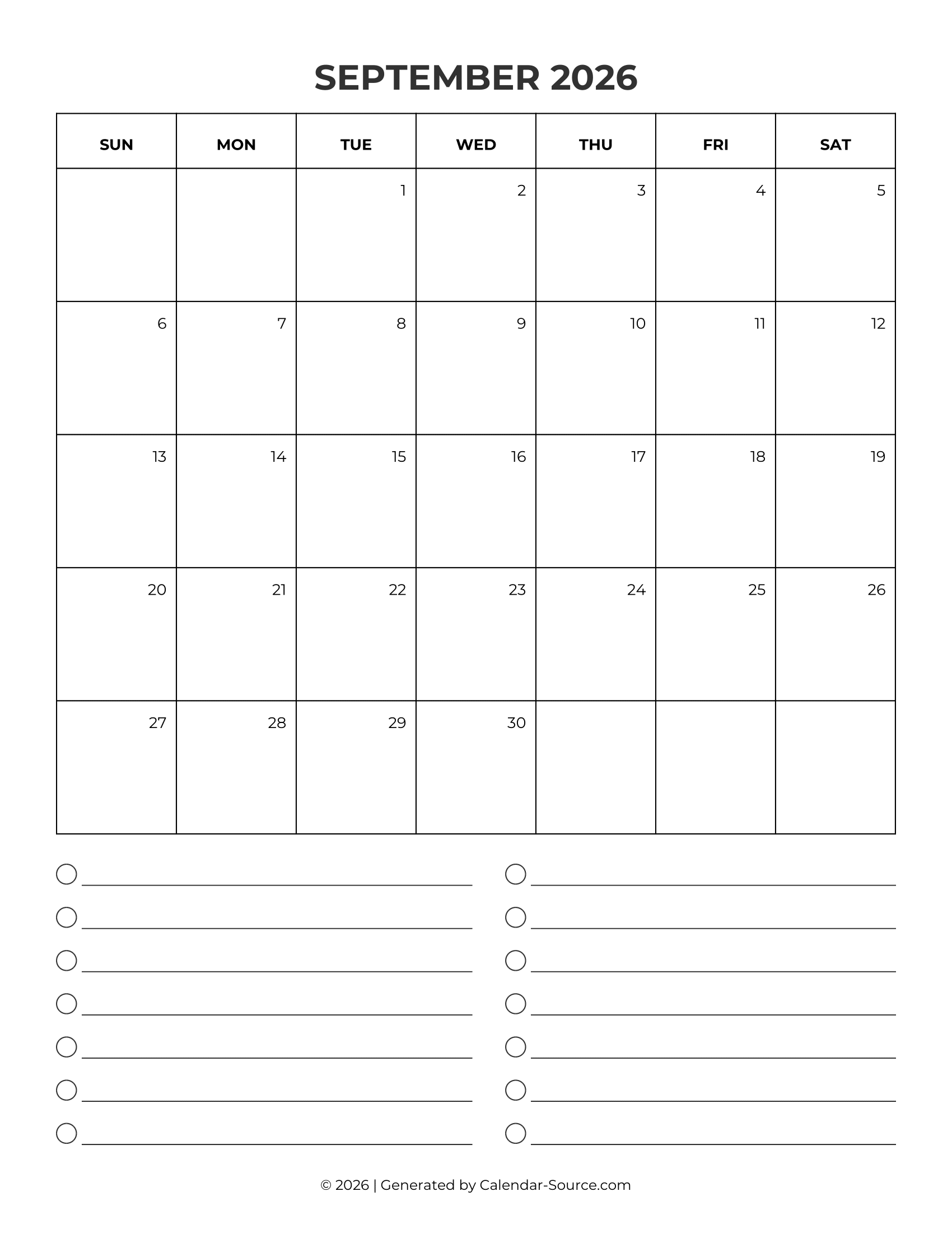 Calendario De Septiembre De 2026 imprimible Calendario De Septiembre De 2026 imprimible
