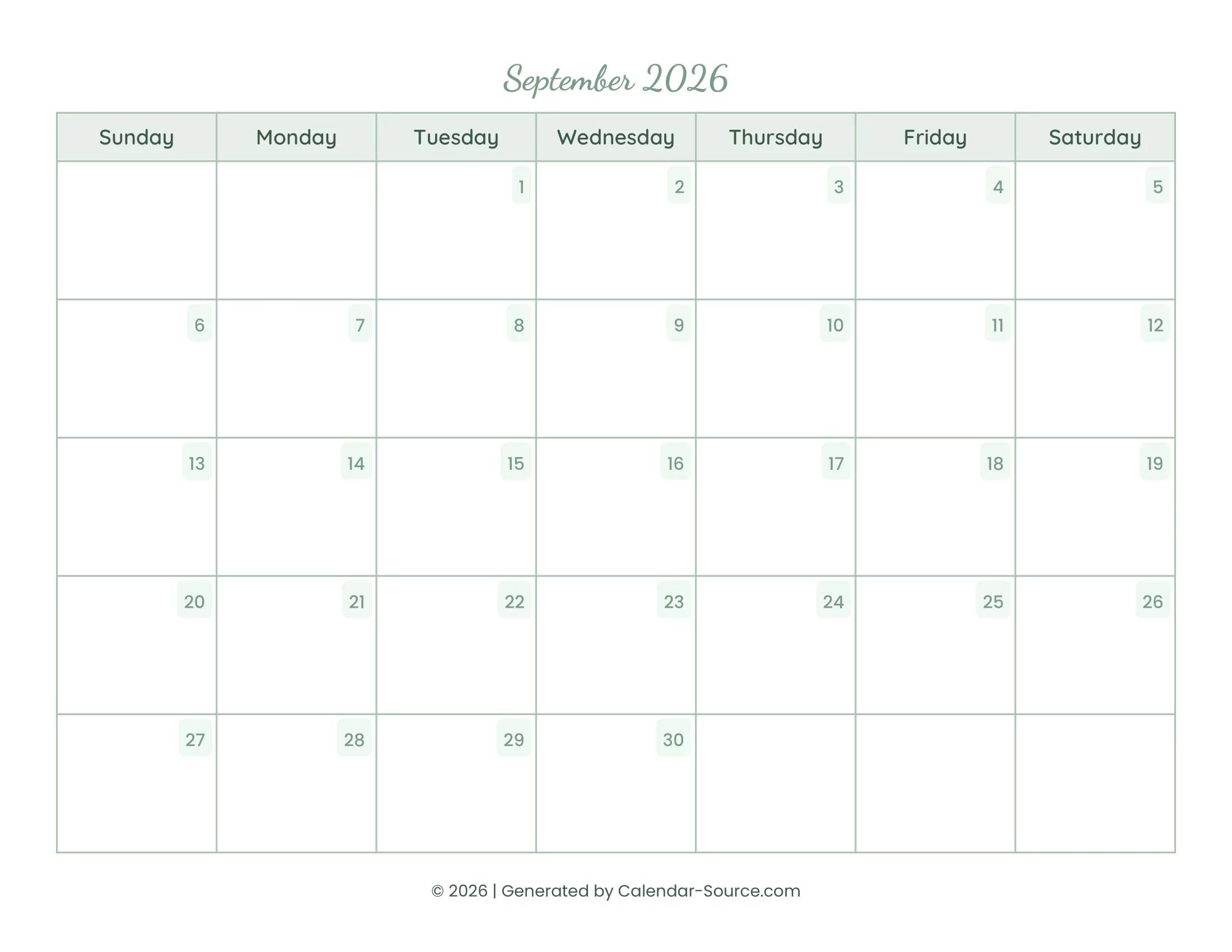 September 2026 Calendar Template 14