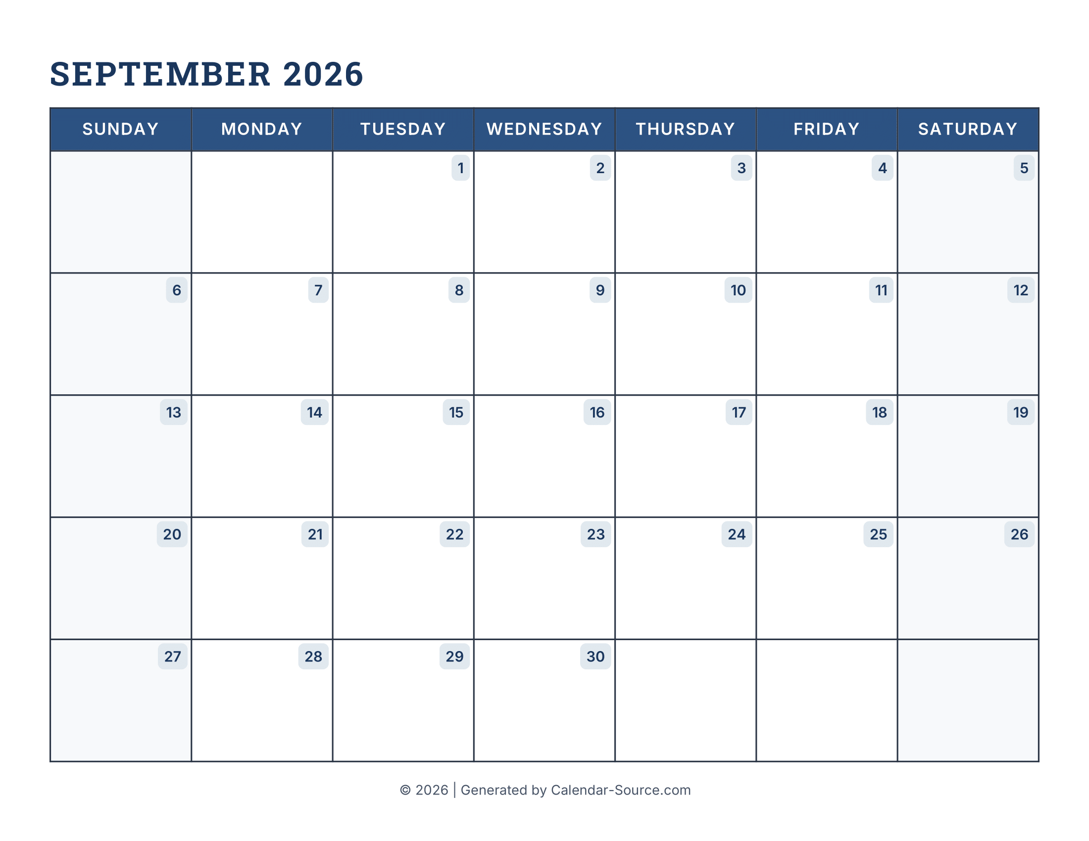 September 2026 Calendar Template 16
