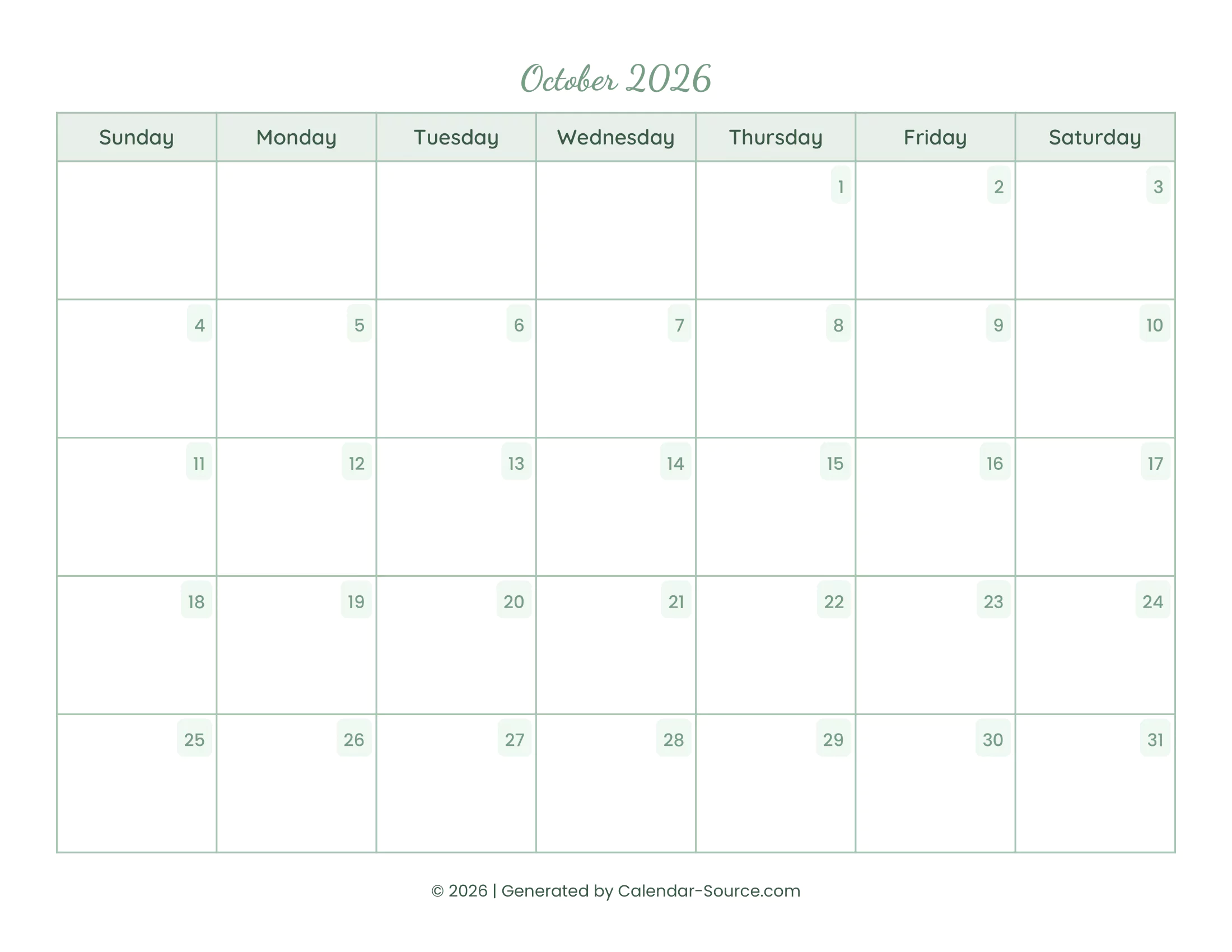 October 2026 Calendar Template 14