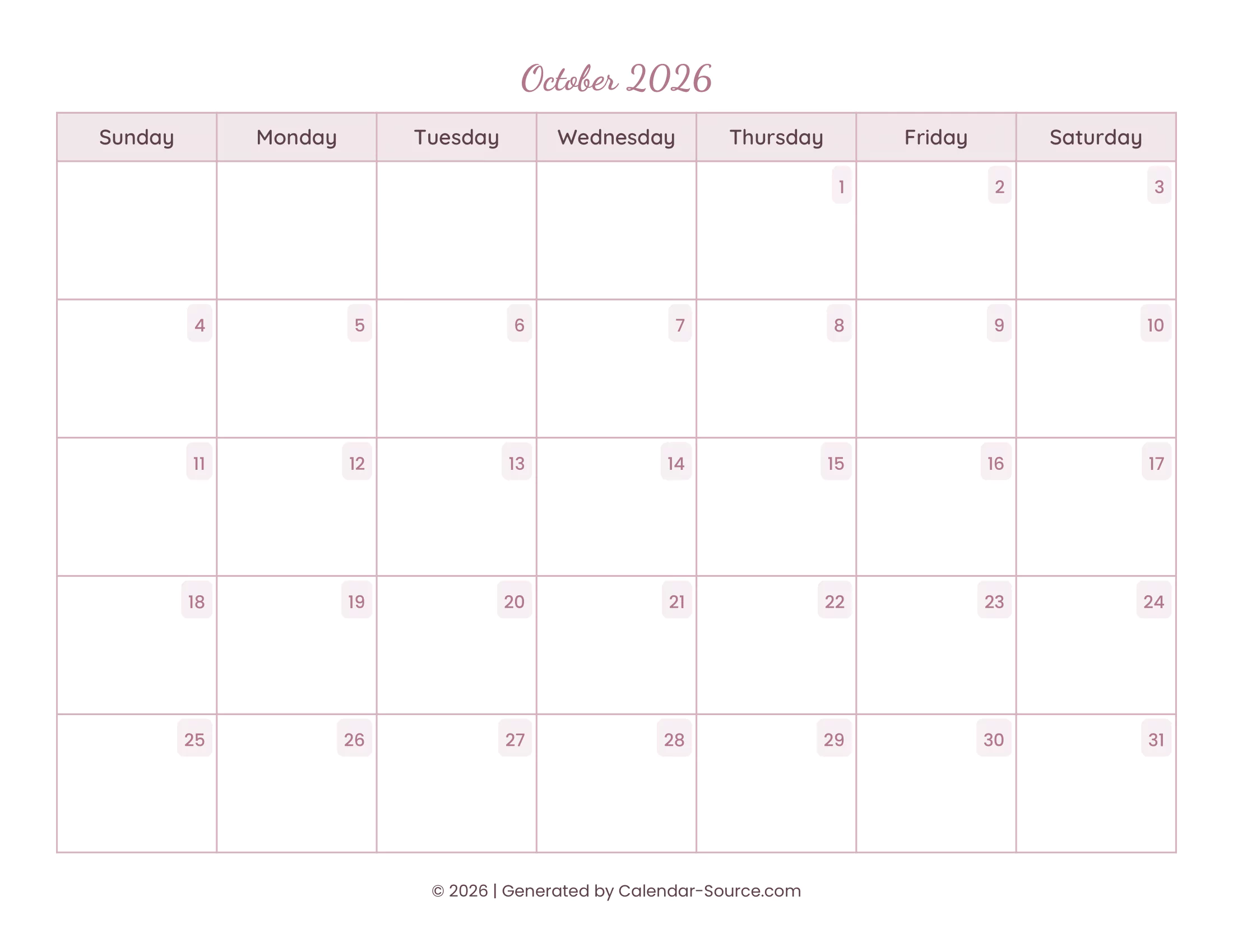 October 2026 Calendar Template 15