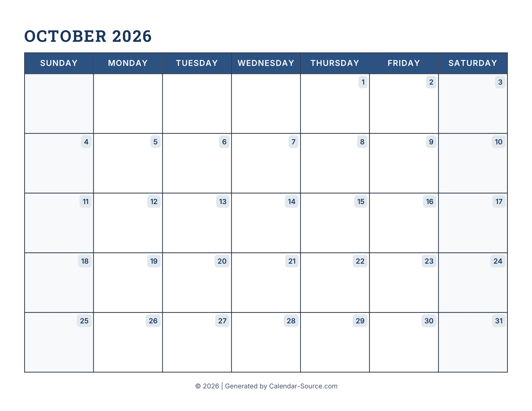 October 2026 Calendar Template 16