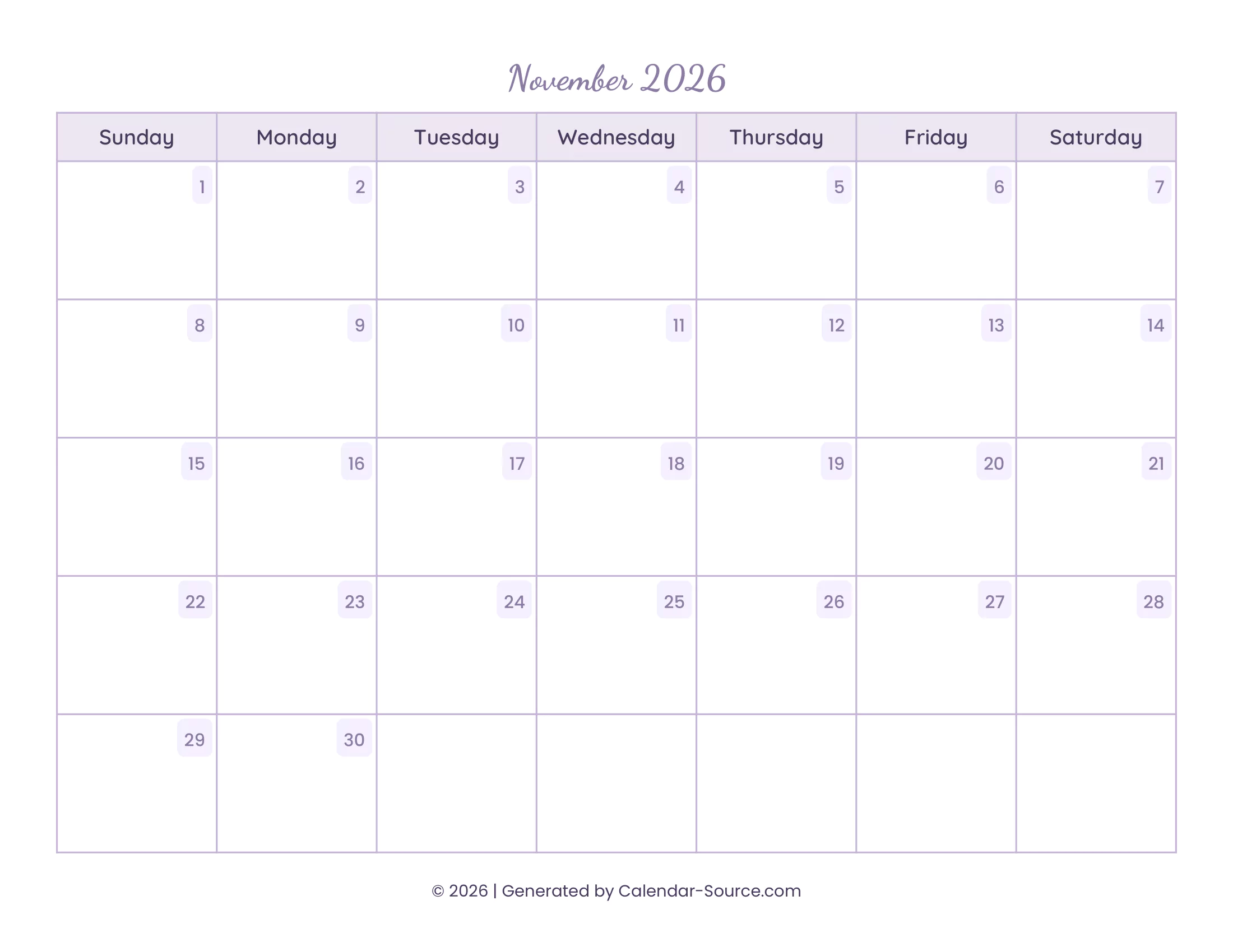November 2026 Calendar Template 13