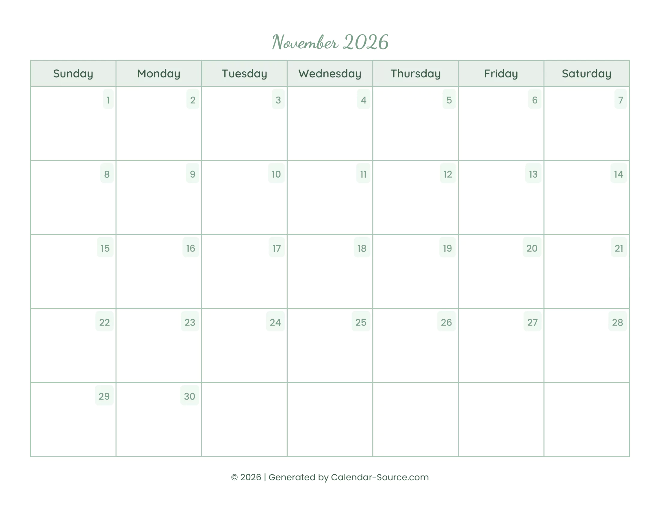 November 2026 Calendar Template 14