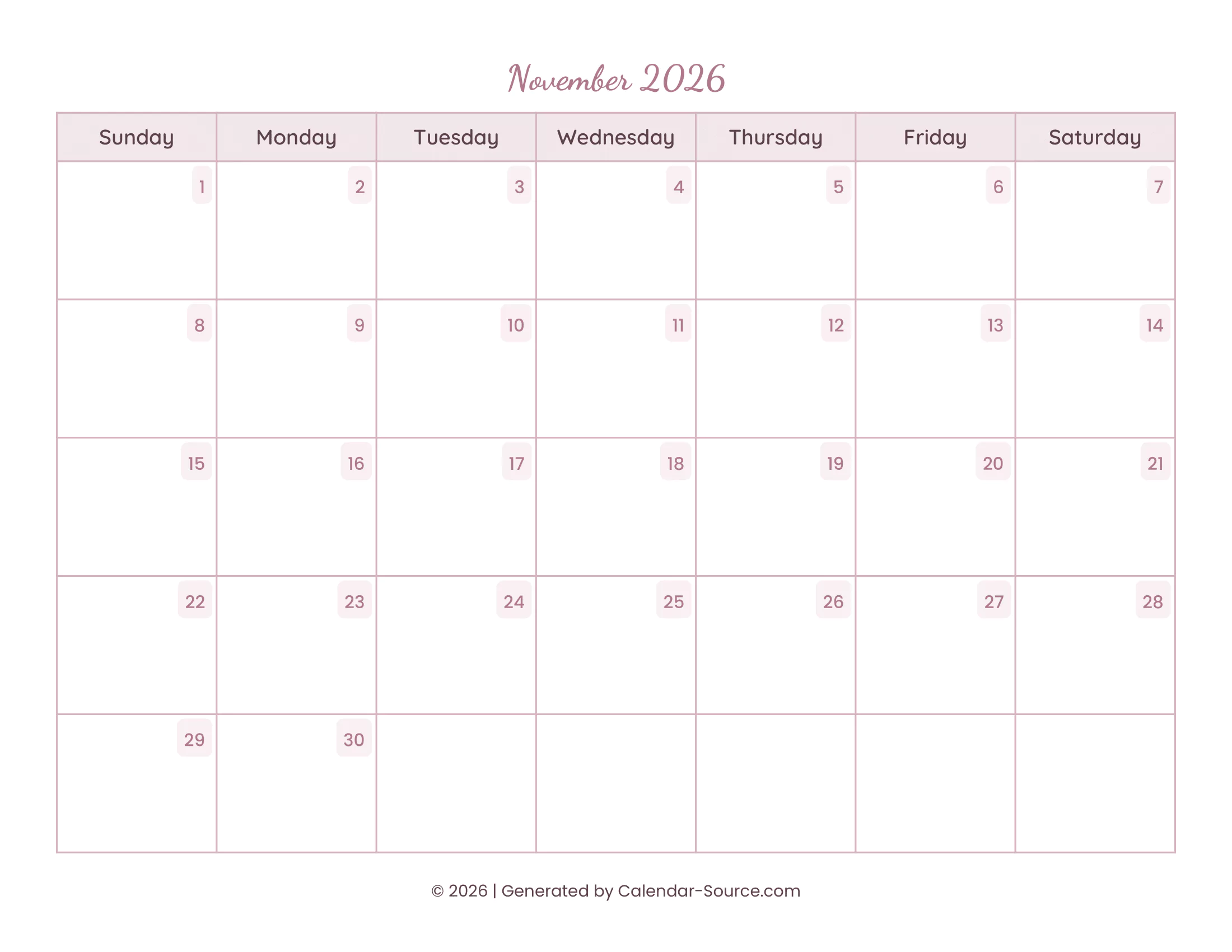 November 2026 Calendar Template 15