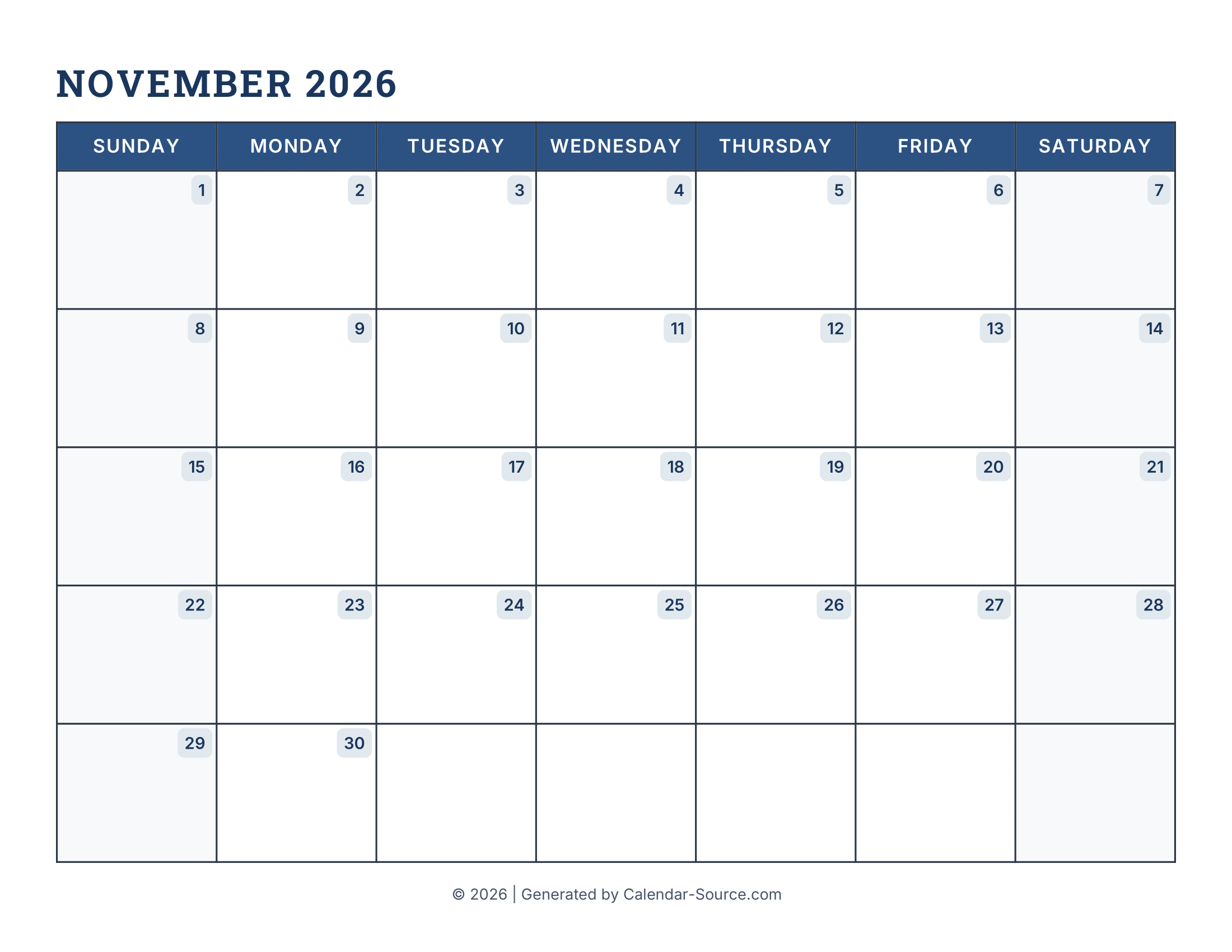 November 2026 Calendar Template 16