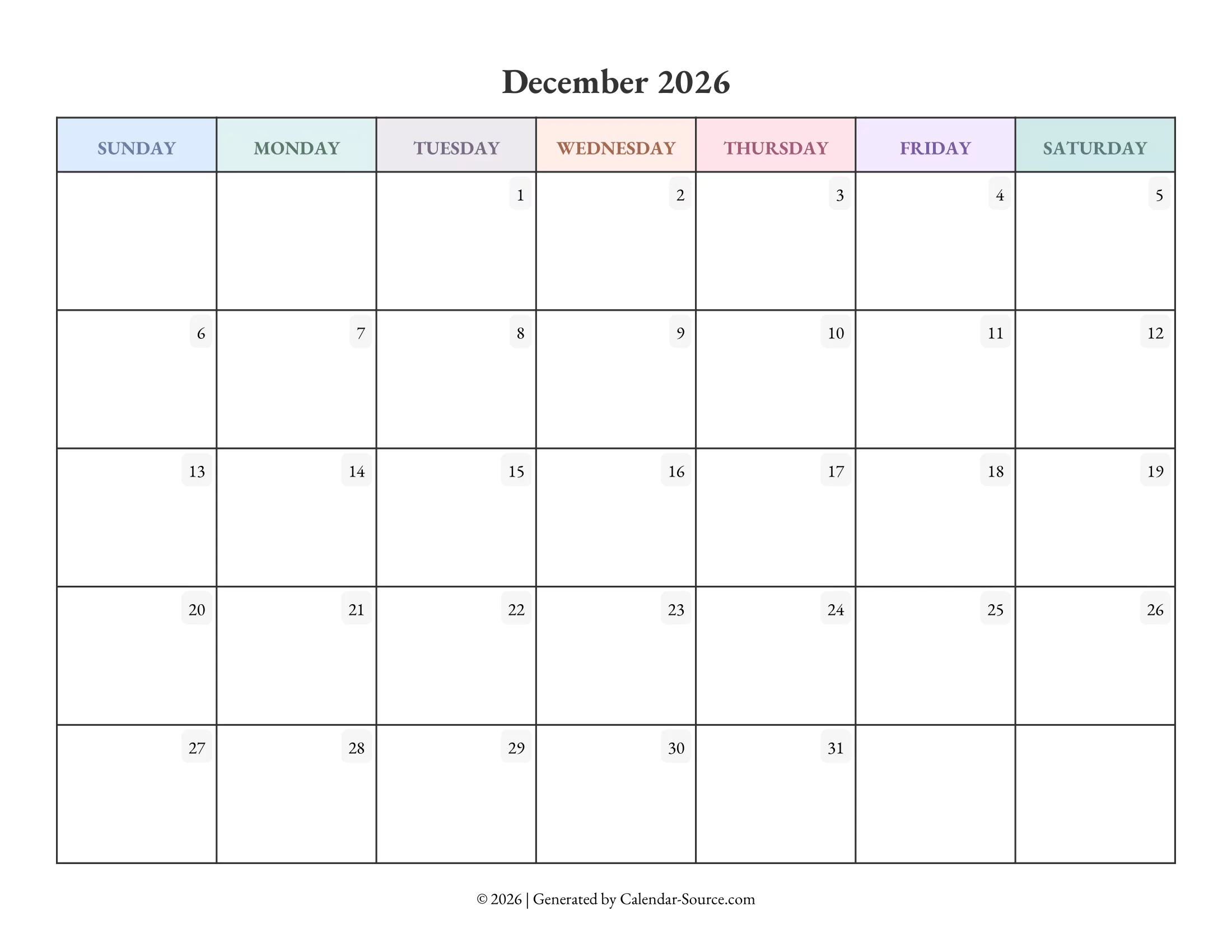 December 2026 Calendar Template 04