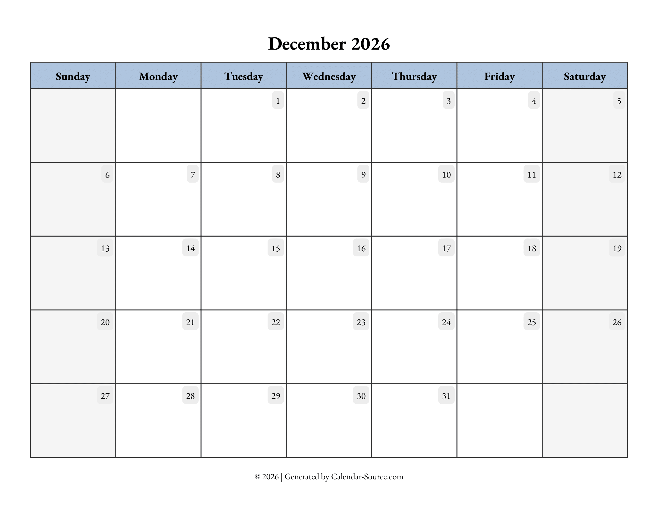 December 2026 Calendar Template 07