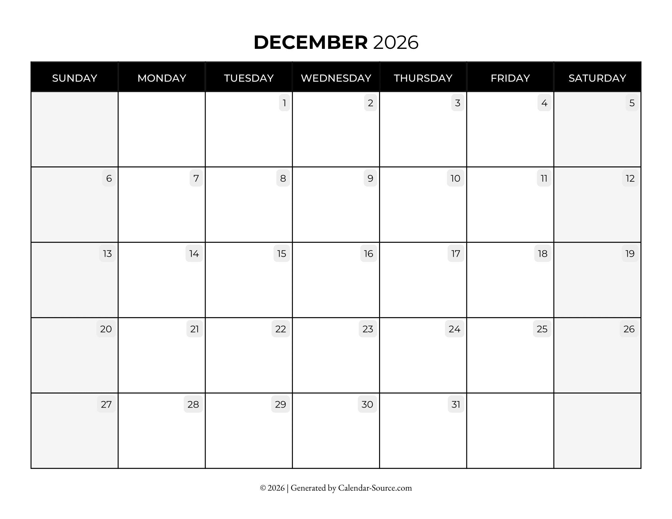 December 2026 Calendar Template 08