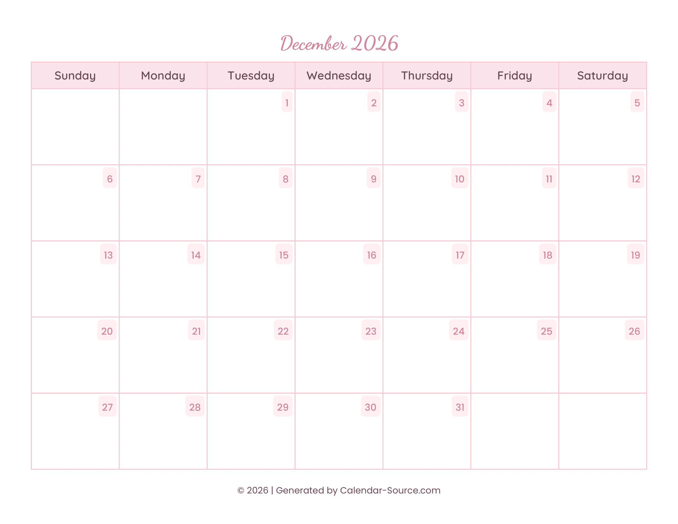 December 2026 Calendar Template 11