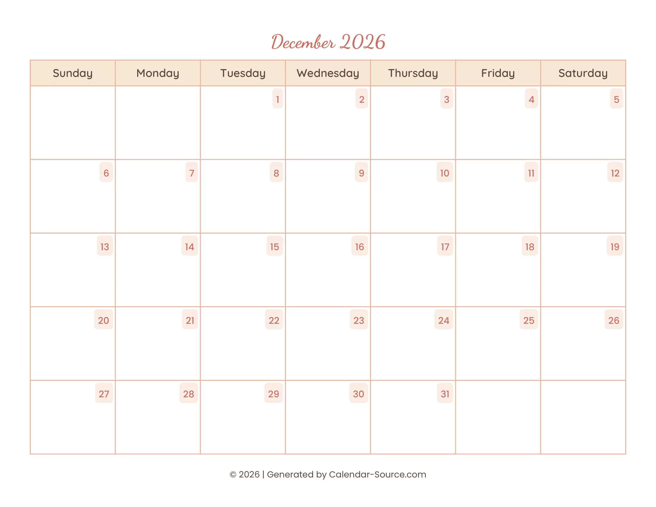 December 2026 Calendar Template 12