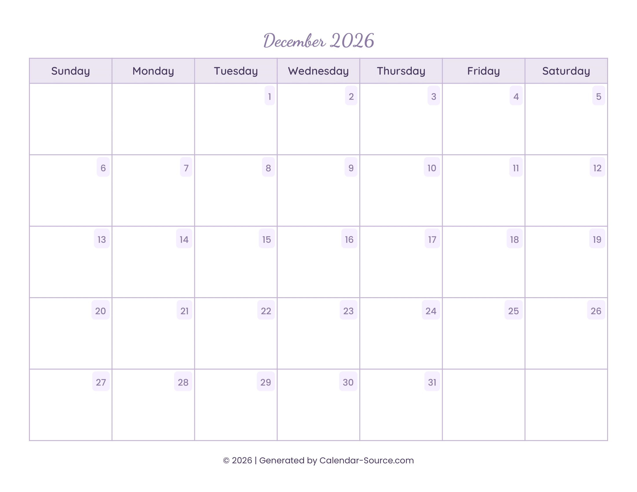 December 2026 Calendar Template 13