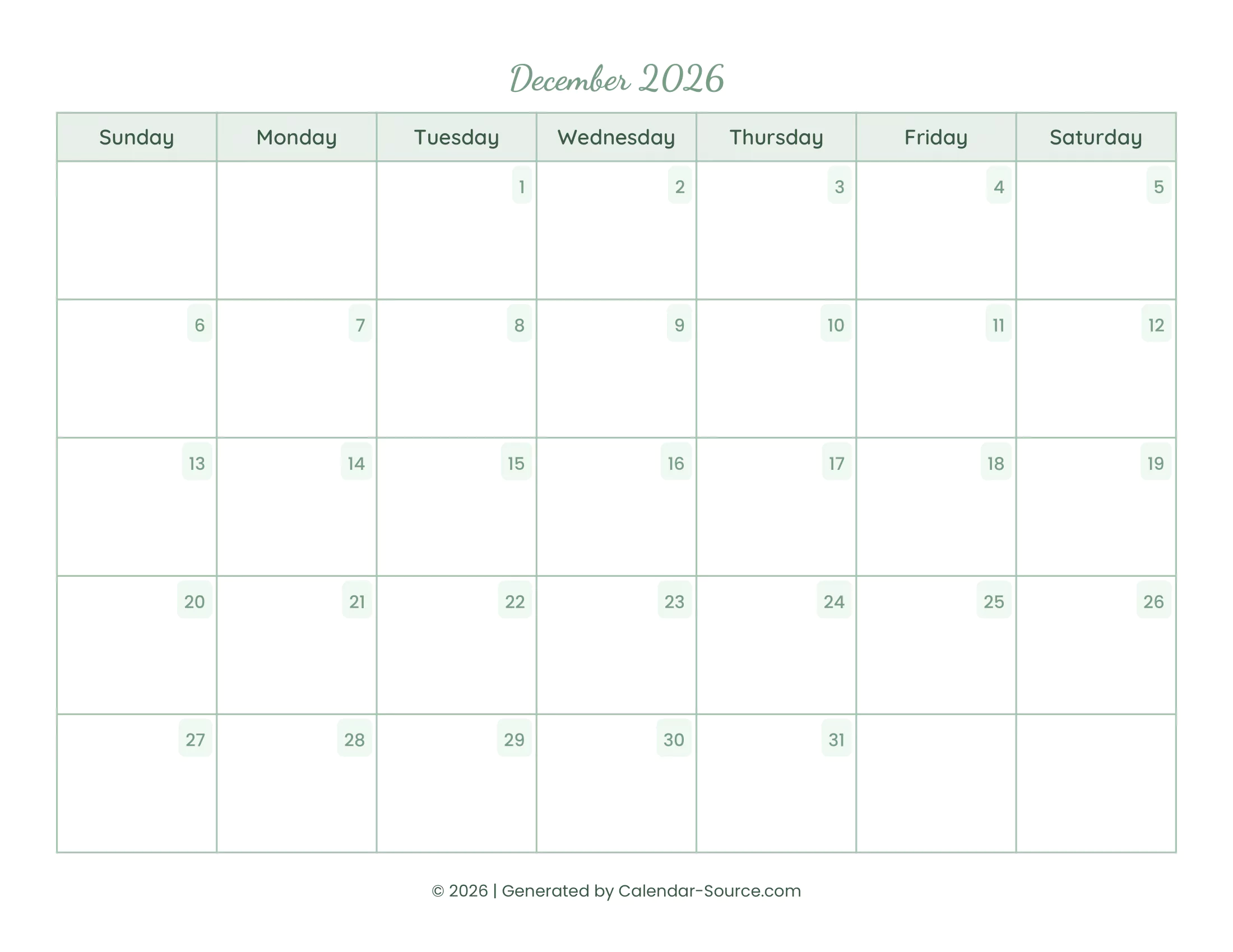 December 2026 Calendar Template 14