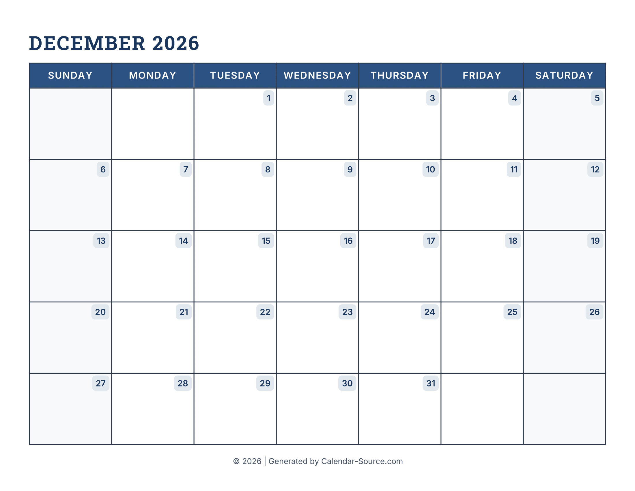 December 2026 Calendar Template 16