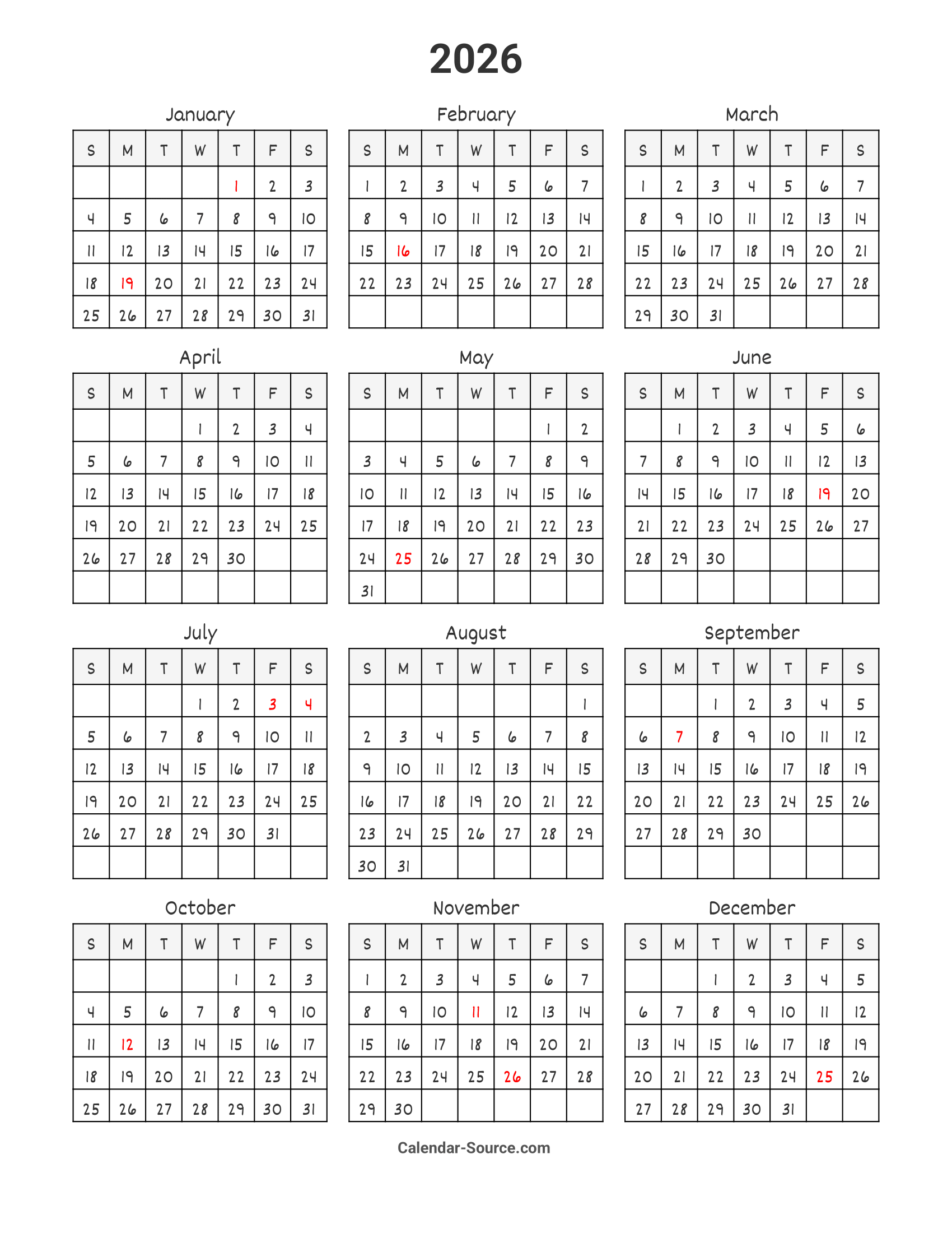 2026 Calendar Template 07