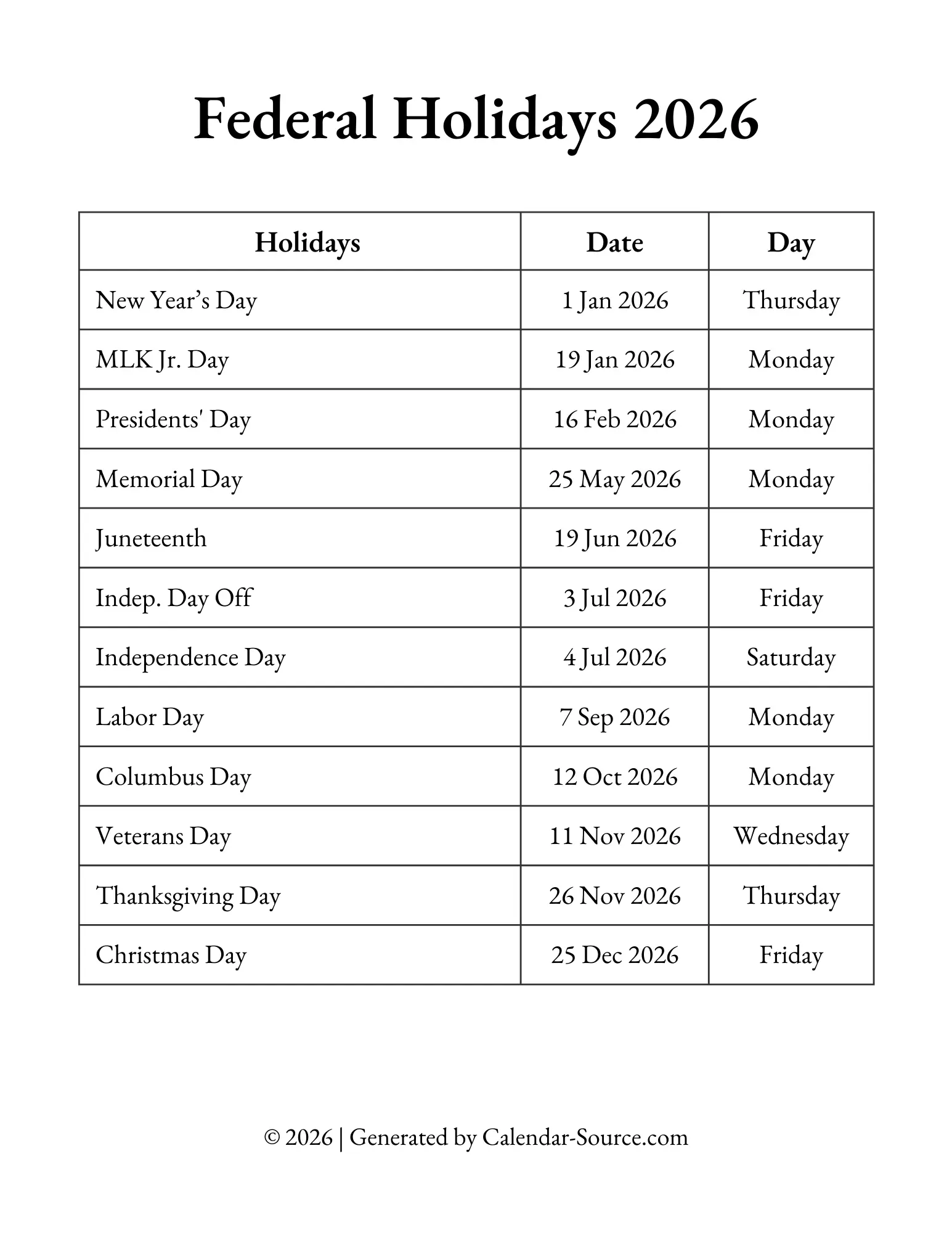 Printable Federal Holidays 2026 Template 01