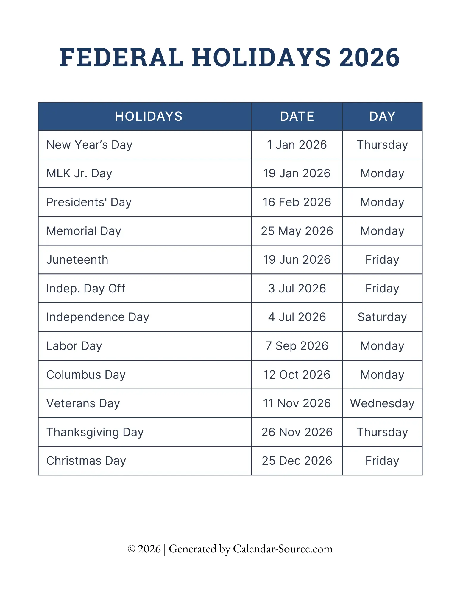 Printable Federal Holidays 2026 Template 02