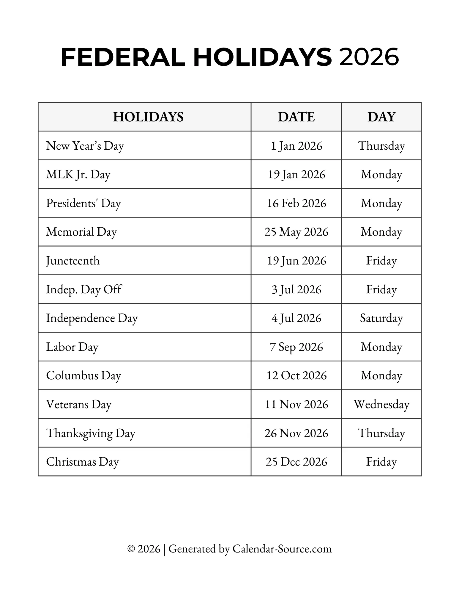 Printable Federal Holidays 2026 Template 03