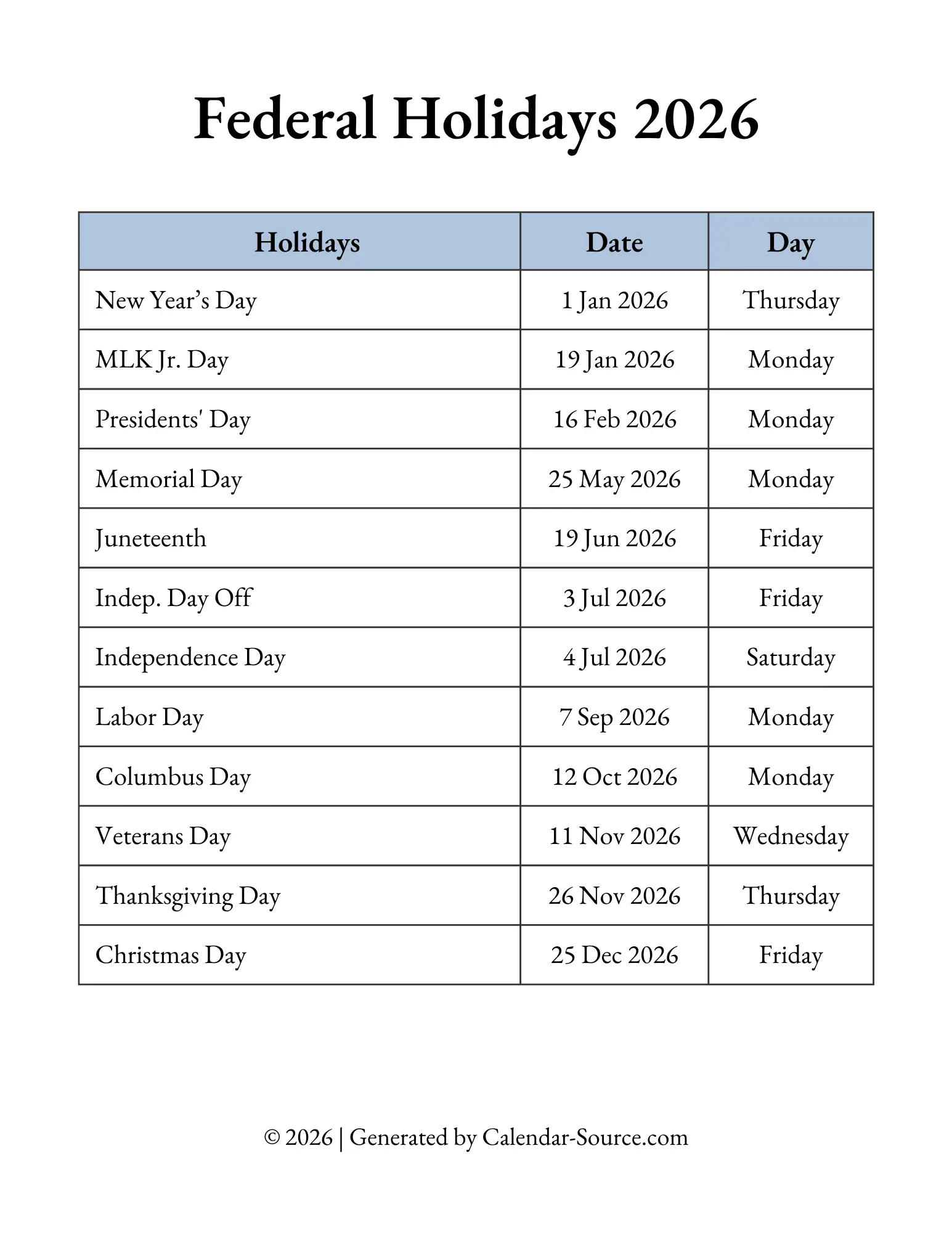 Printable Federal Holidays 2026 Template 04