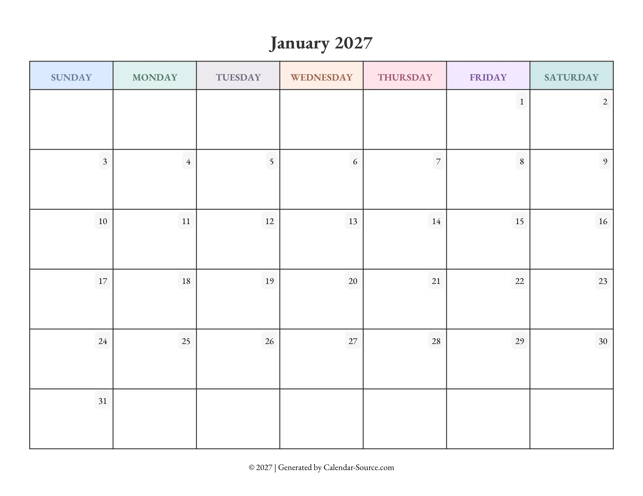 January 2027 Calendar Template 04