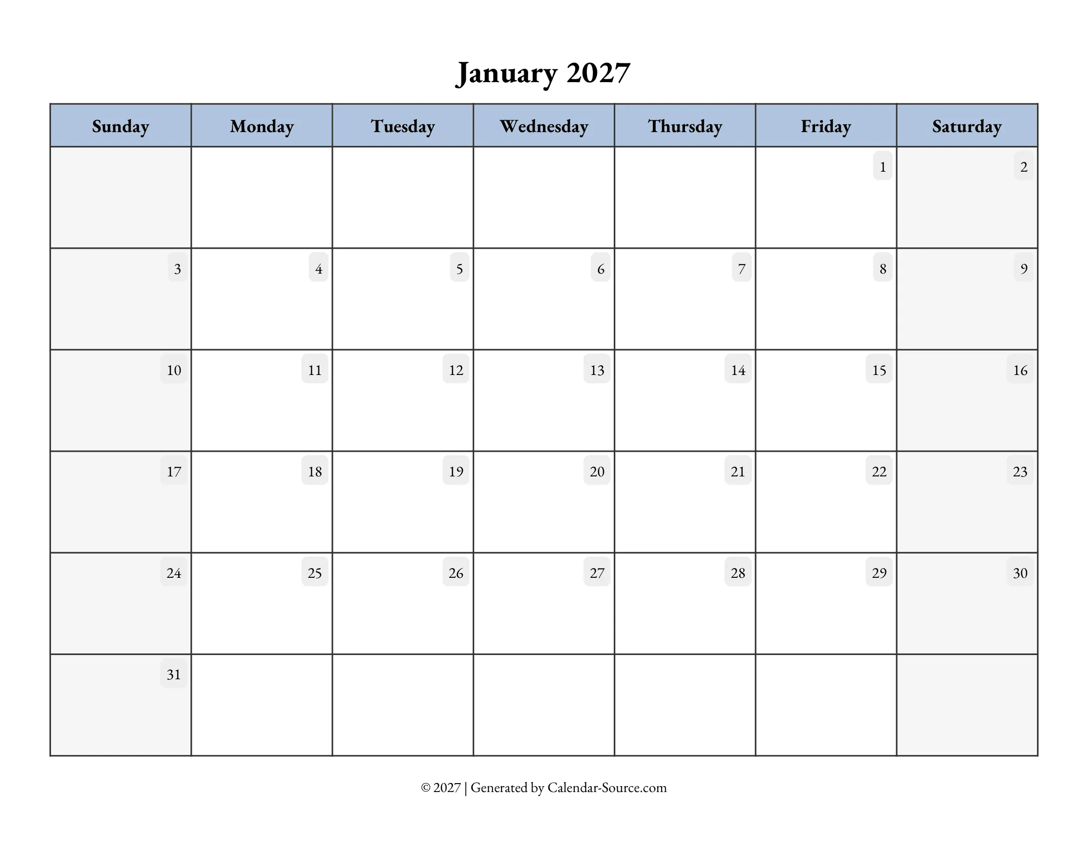 January 2027 Calendar Template 07