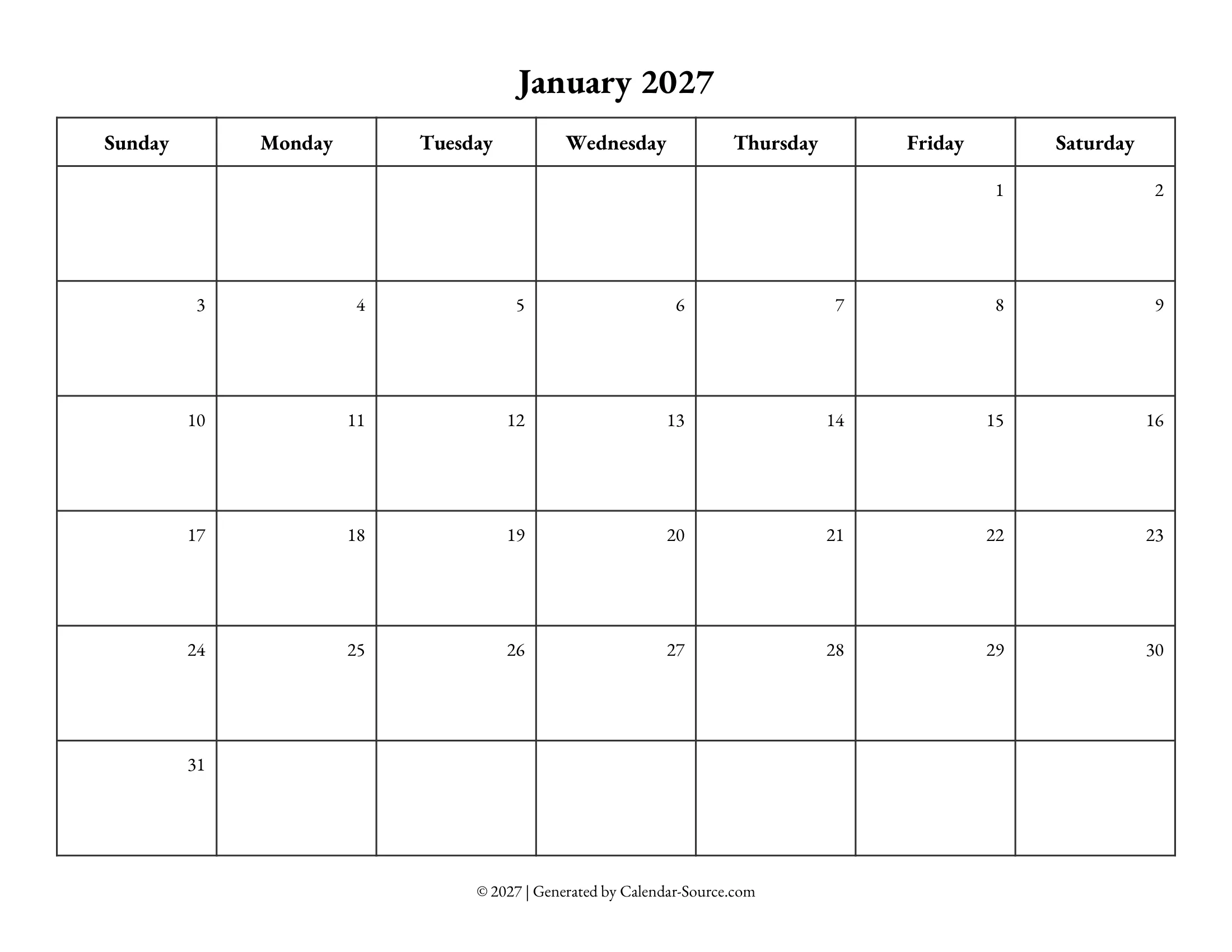 January 2027 Calendar Template 10