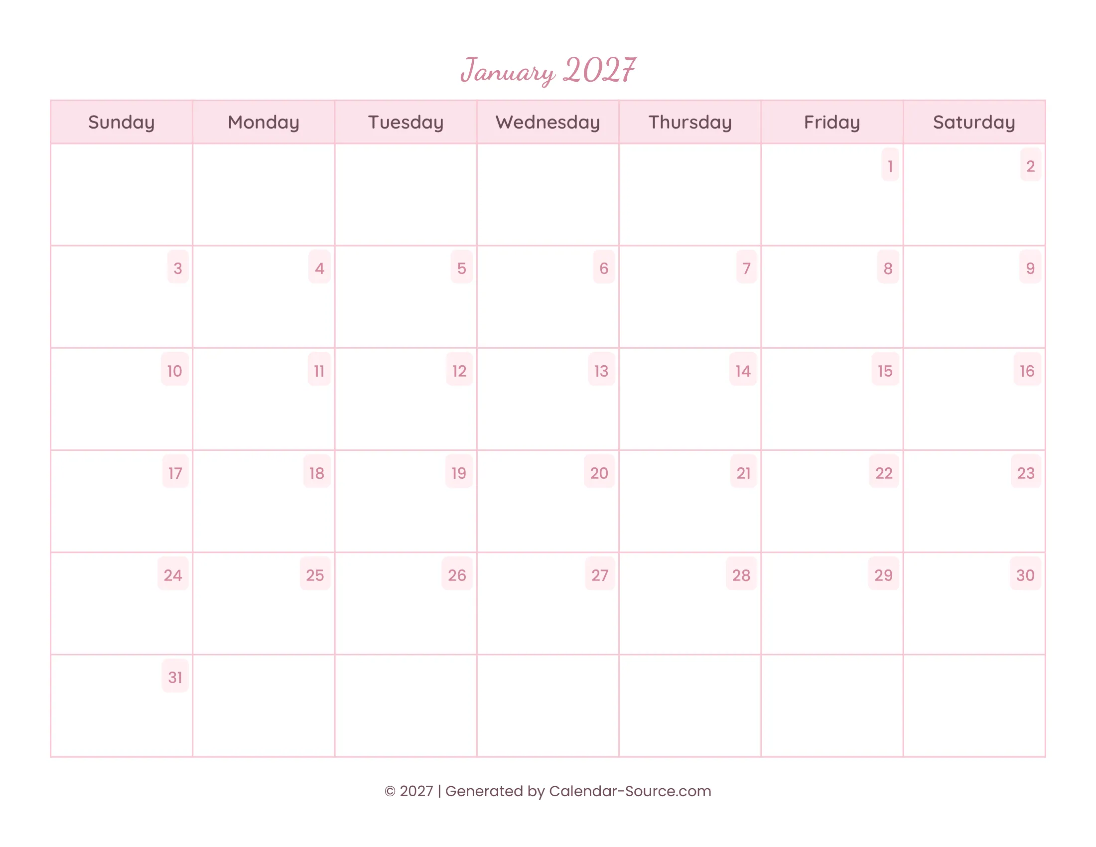 January 2027 Calendar Template 11