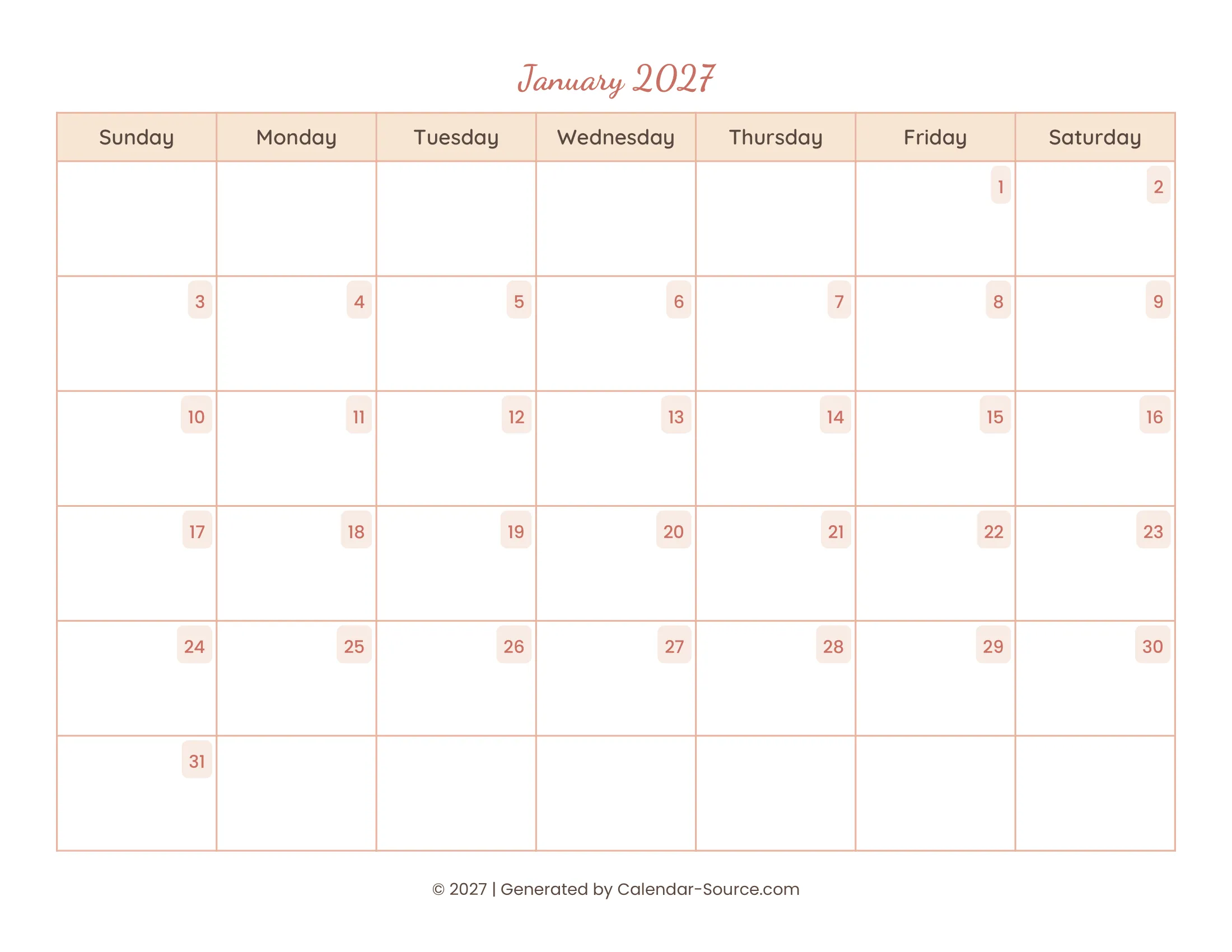 January 2027 Calendar Template 12