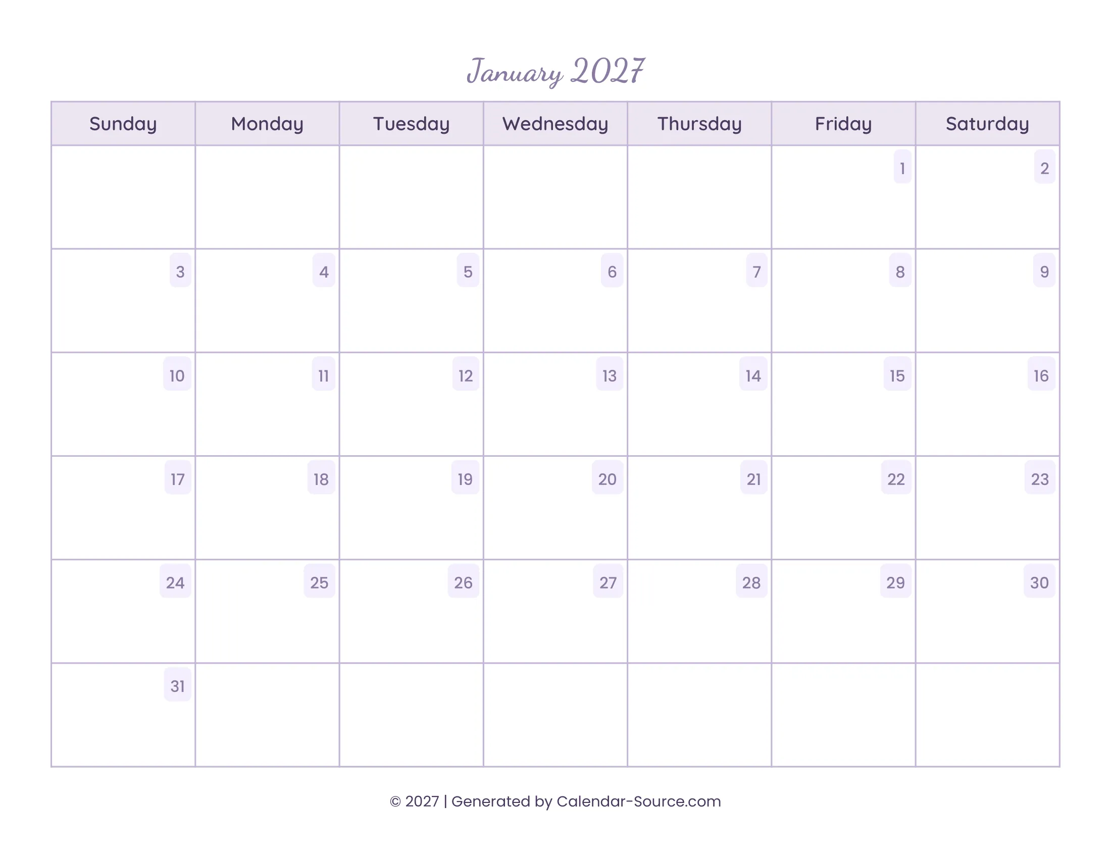 January 2027 Calendar Template 13