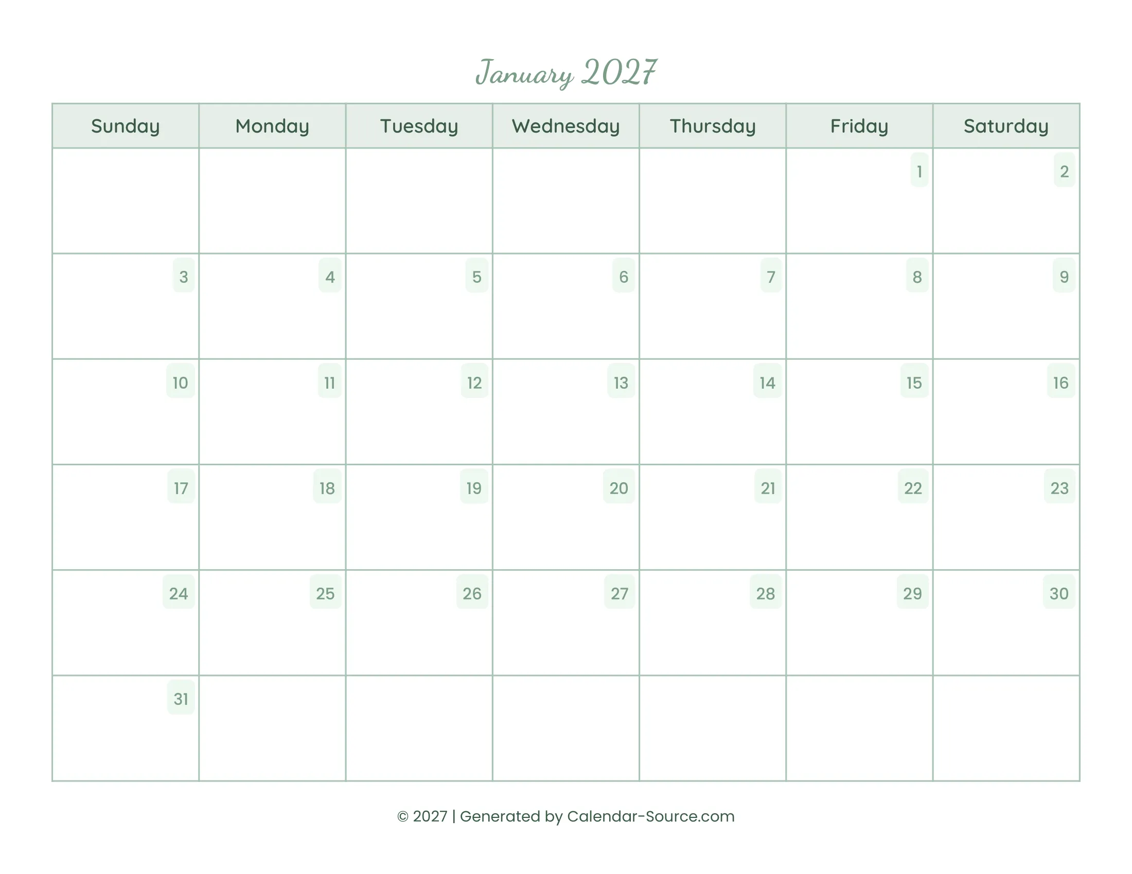 January 2027 Calendar Template 14