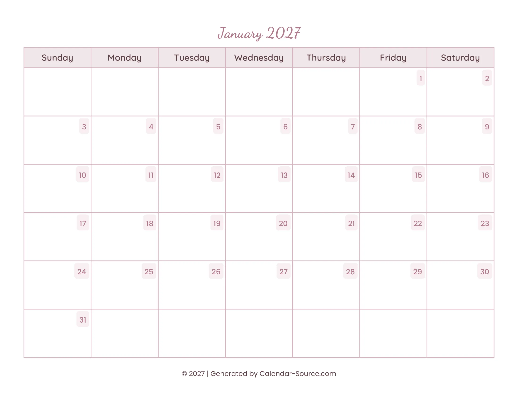 January 2027 Calendar Template 15