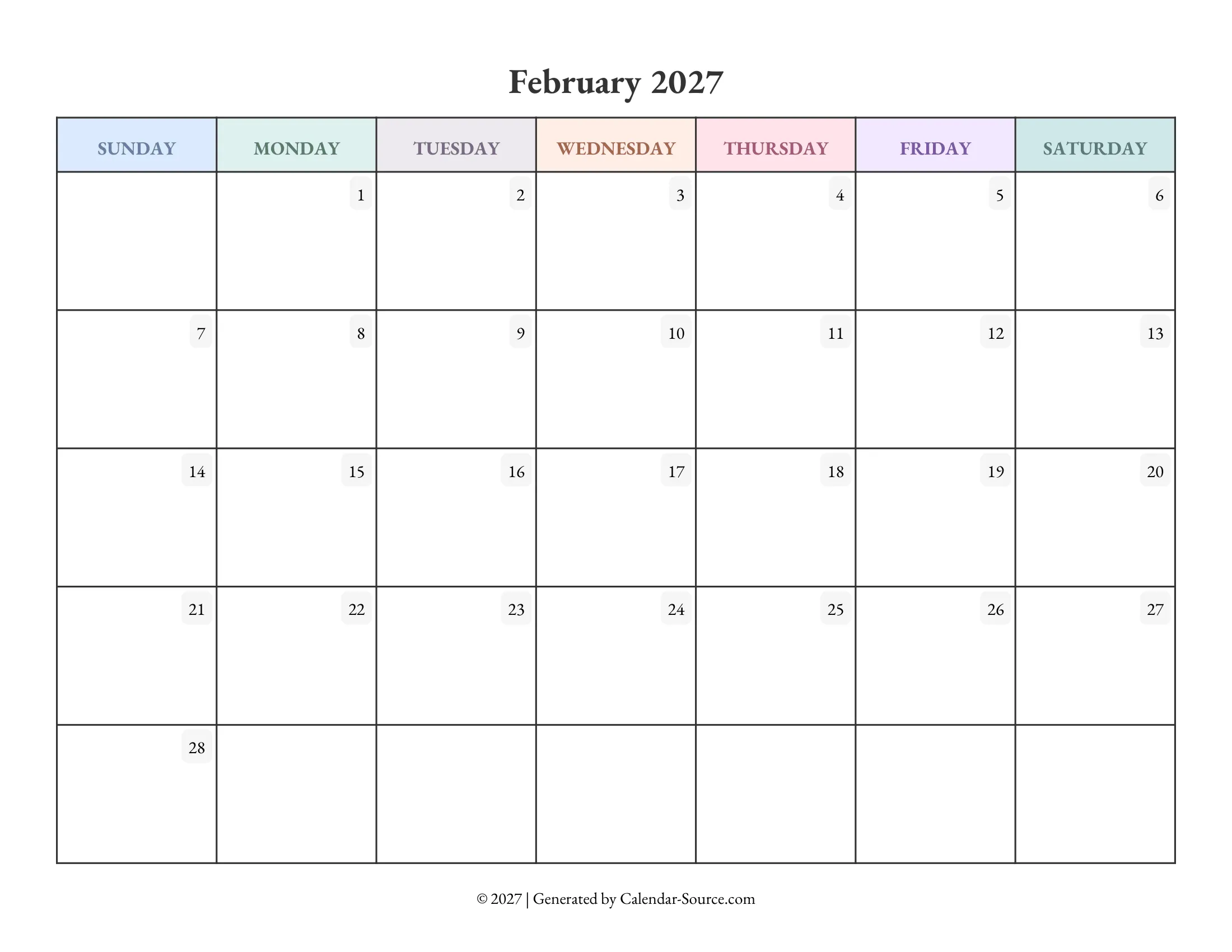 February 2027 Calendar Template 04