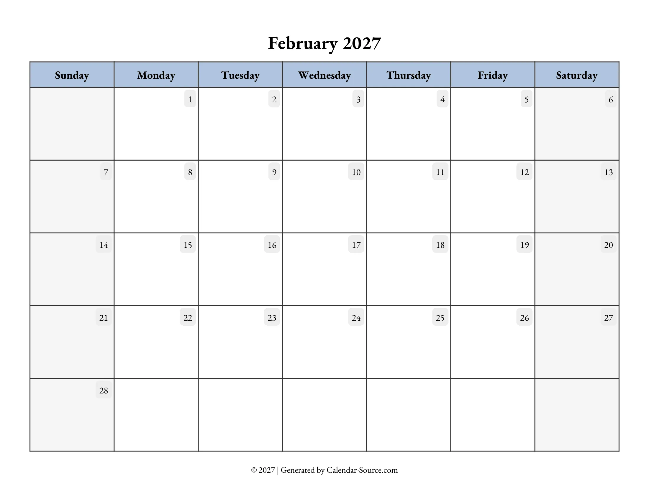 February 2027 Calendar Template 07