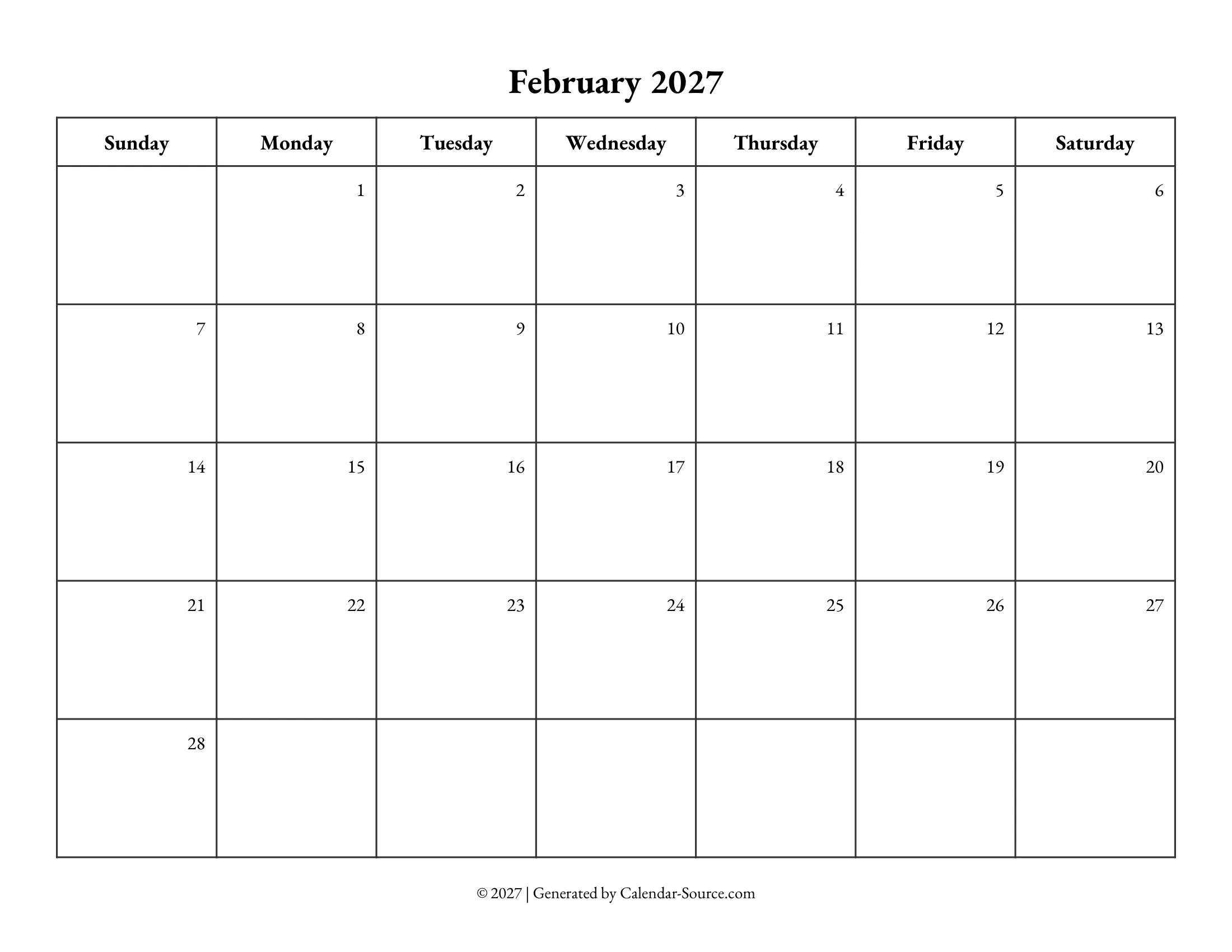 February 2027 Calendar Template 10