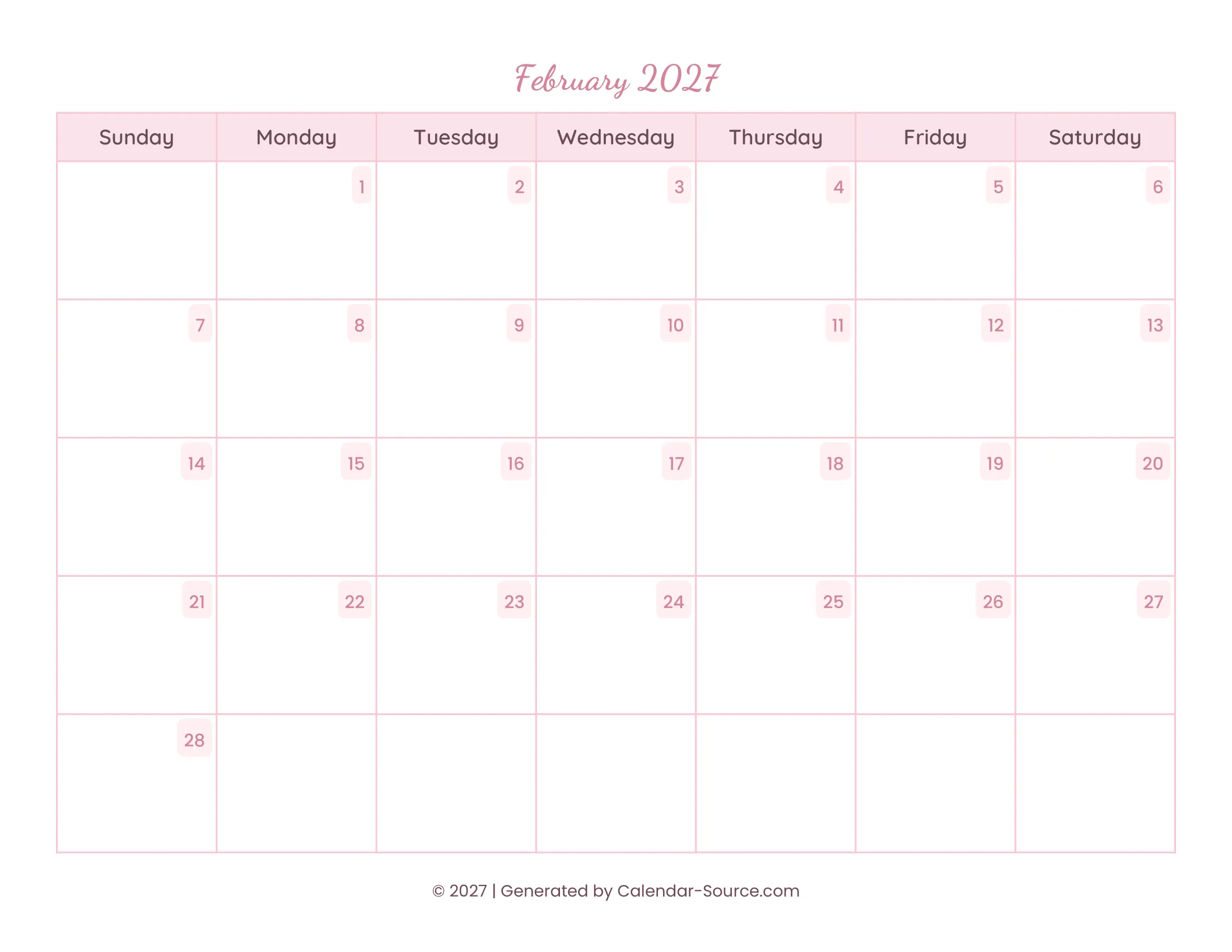 February 2027 Calendar Template 11