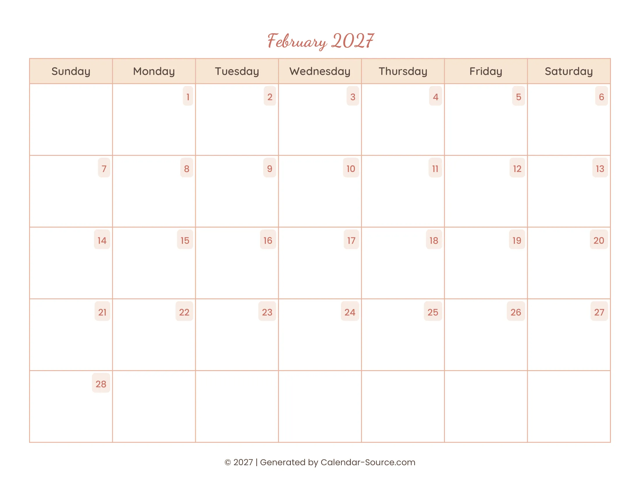 February 2027 Calendar Template 12
